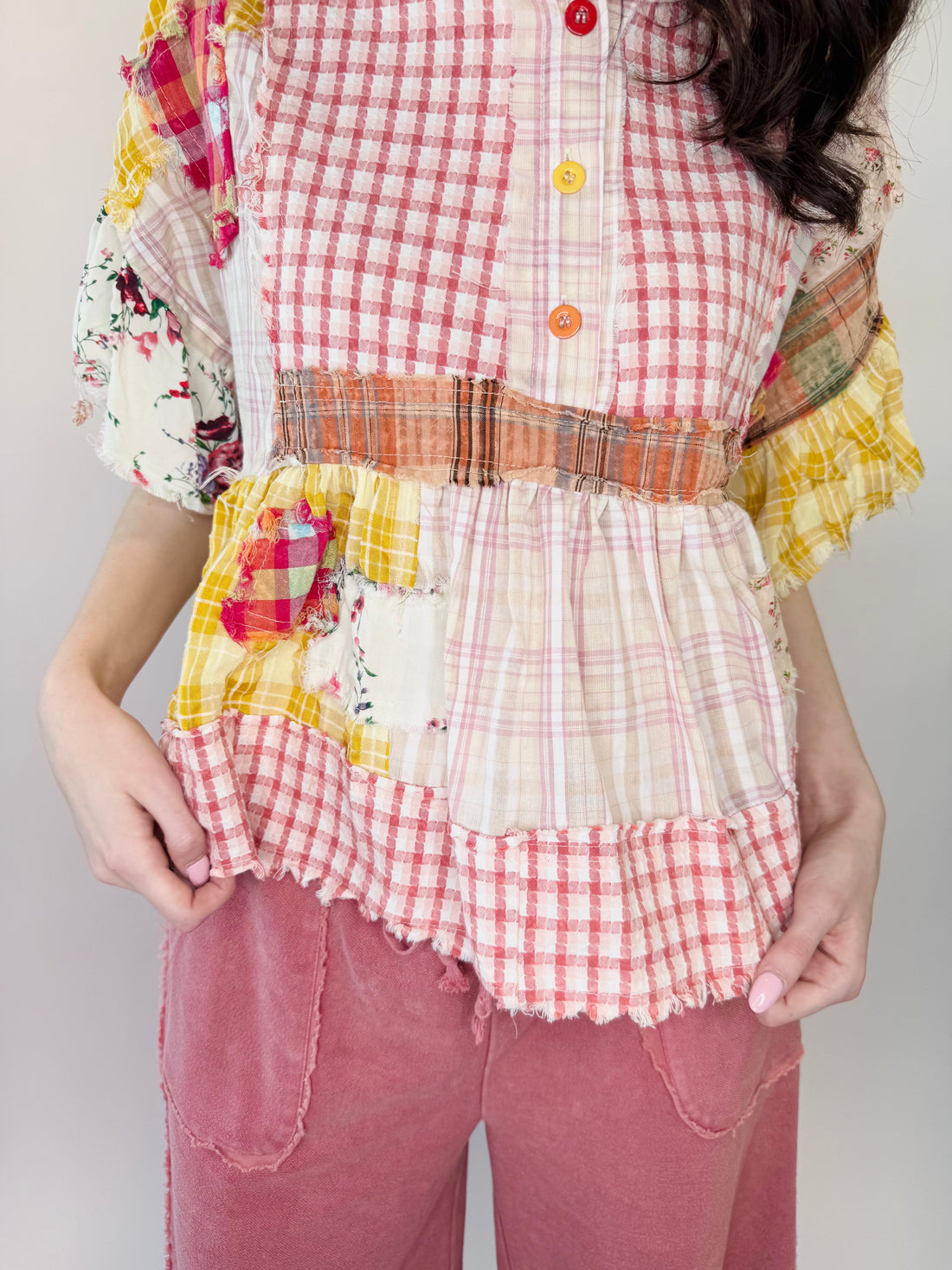 Washed Ruffle Hem Mixed Plaid Top