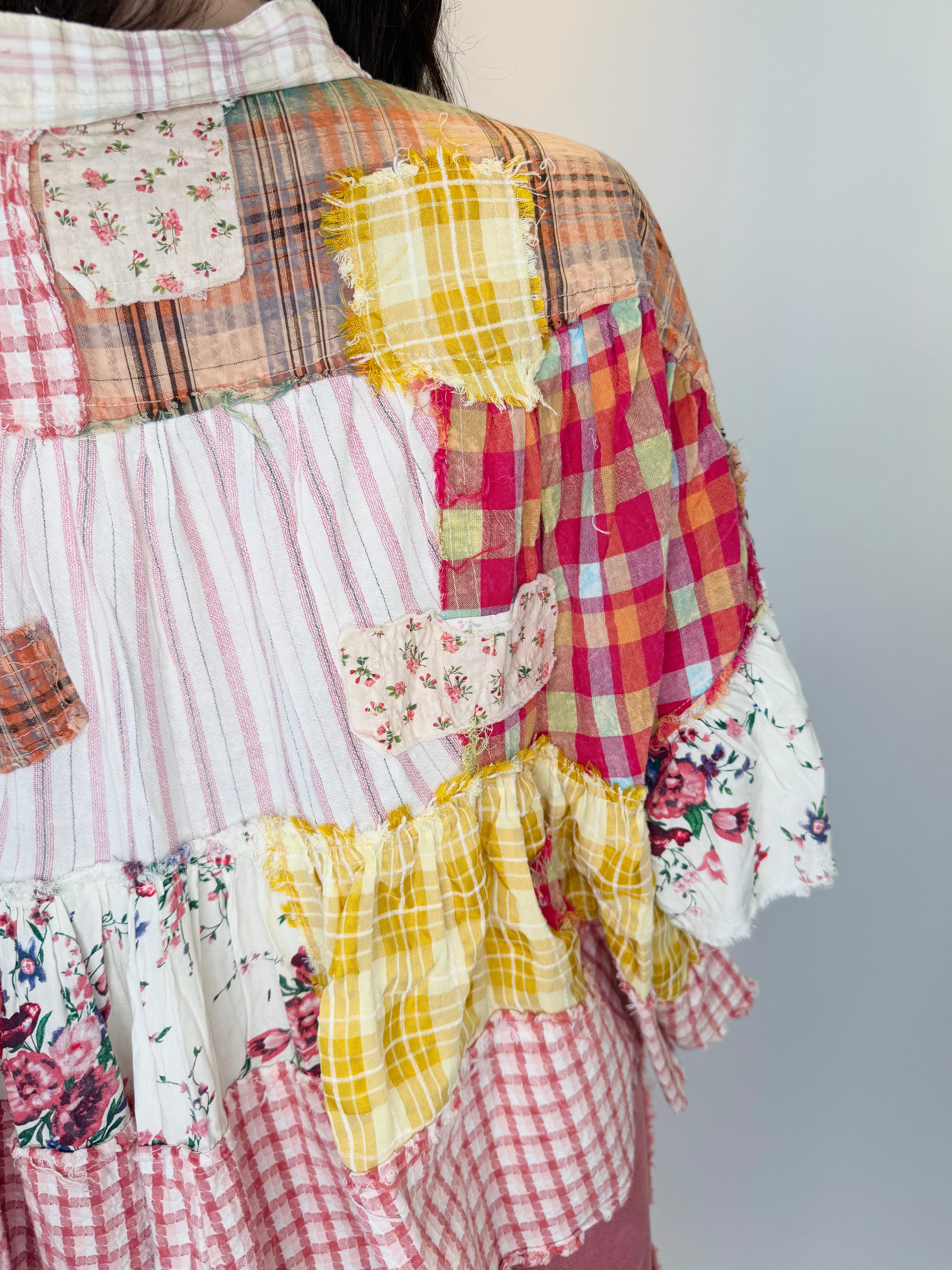 Washed Ruffle Hem Mixed Plaid Top