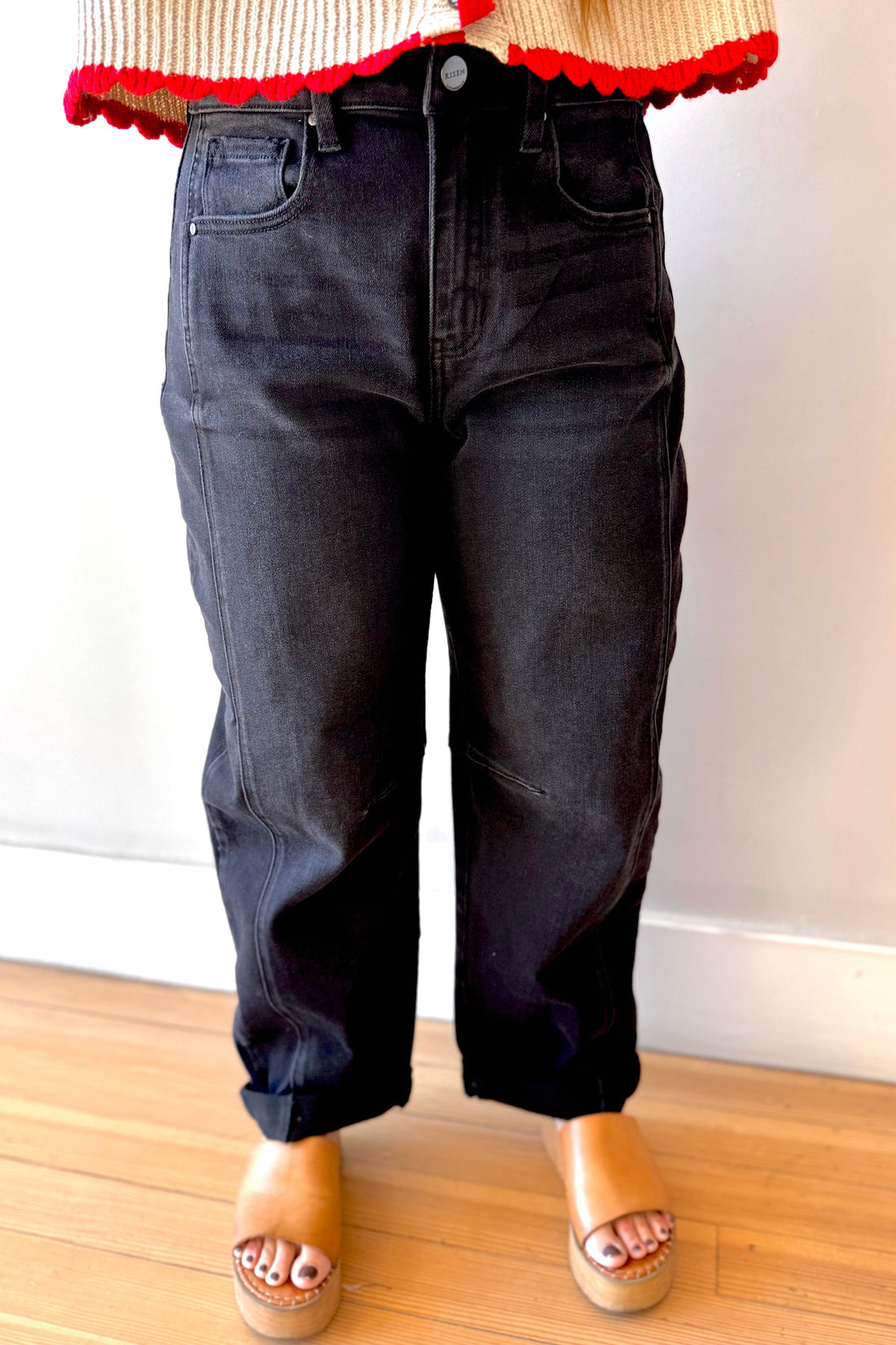 RISEN High Rise Crop Barrel Cuffed Jeans