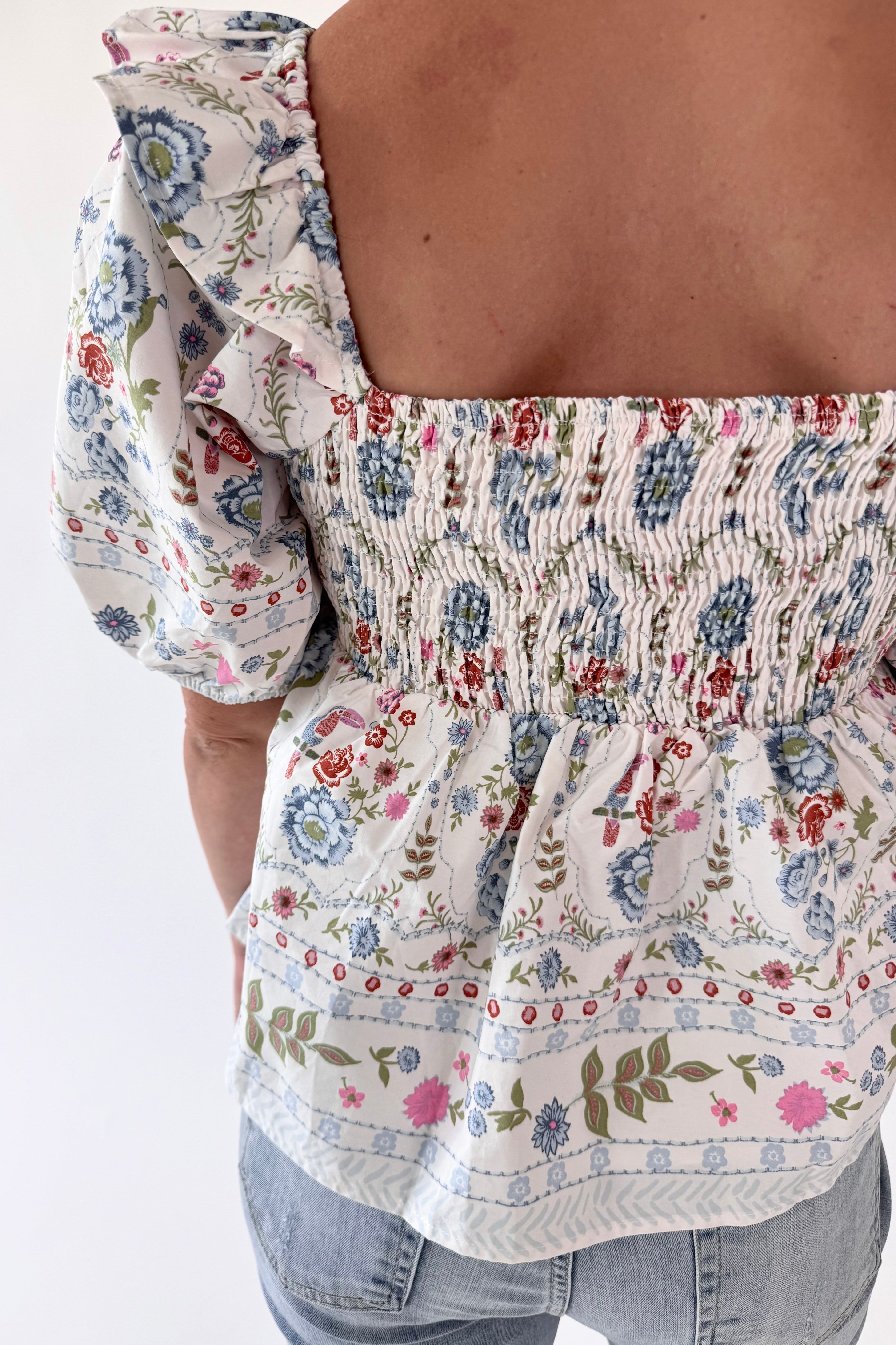 Floral Puff Sleeve Cinched Babydoll Top