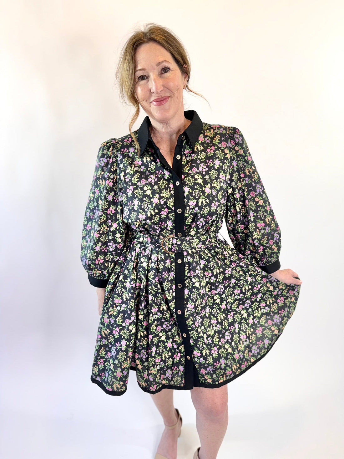 Floral Belted Button Front Mini Dress