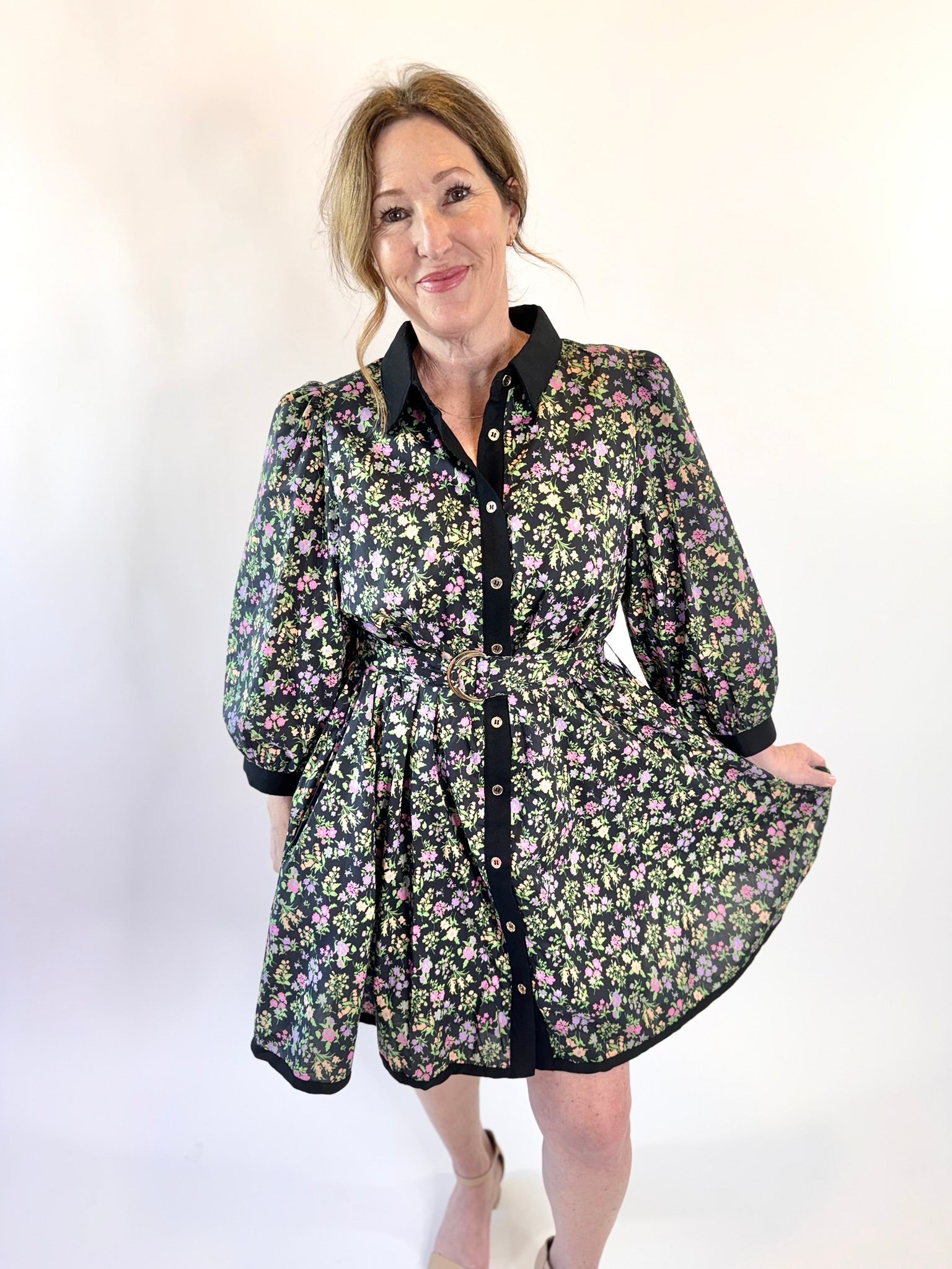 Floral Belted Button Front Mini Dress