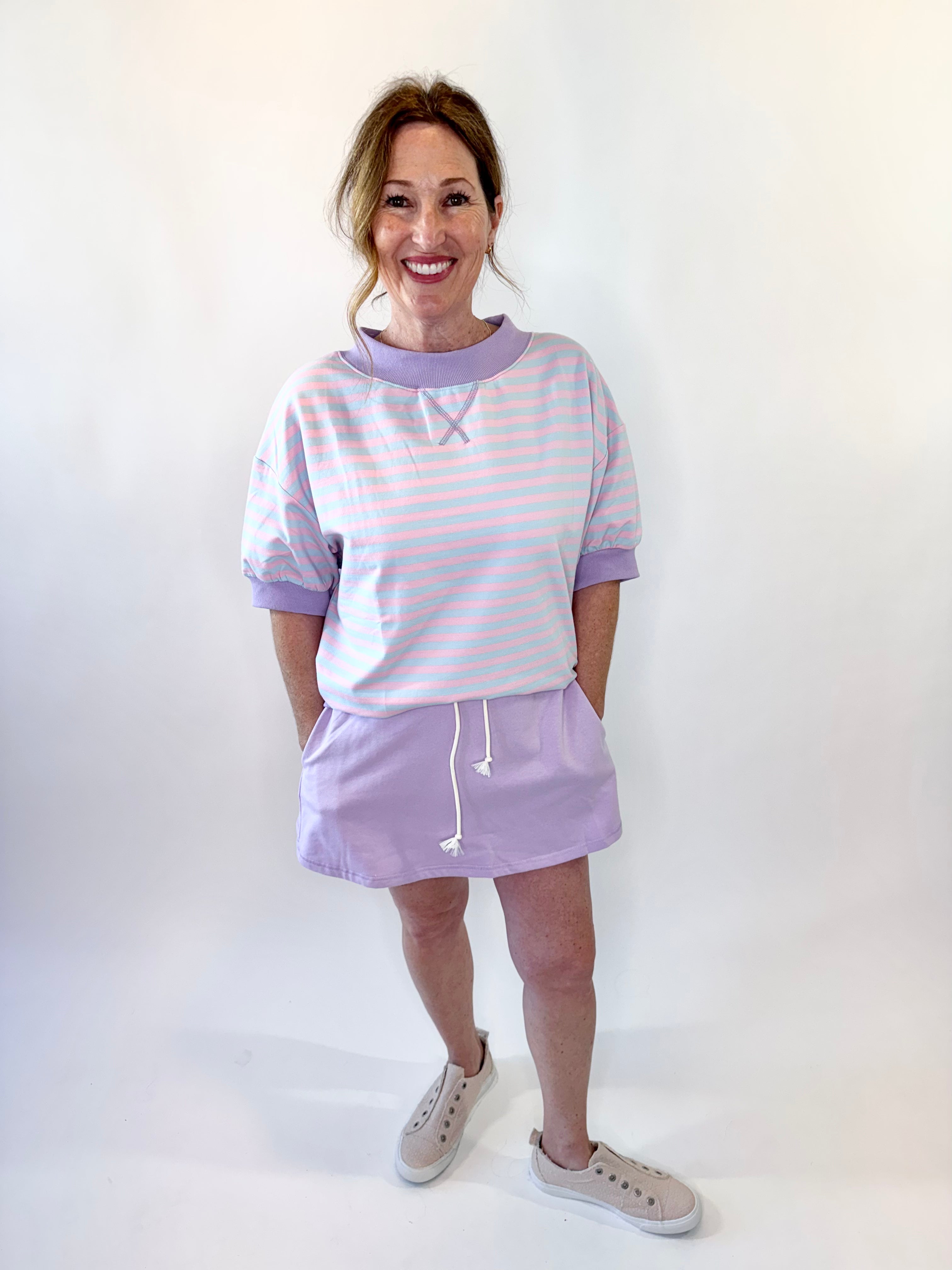 Mock Neck Striped Lounge Sweatshirt w/ 3/4 Sleeves