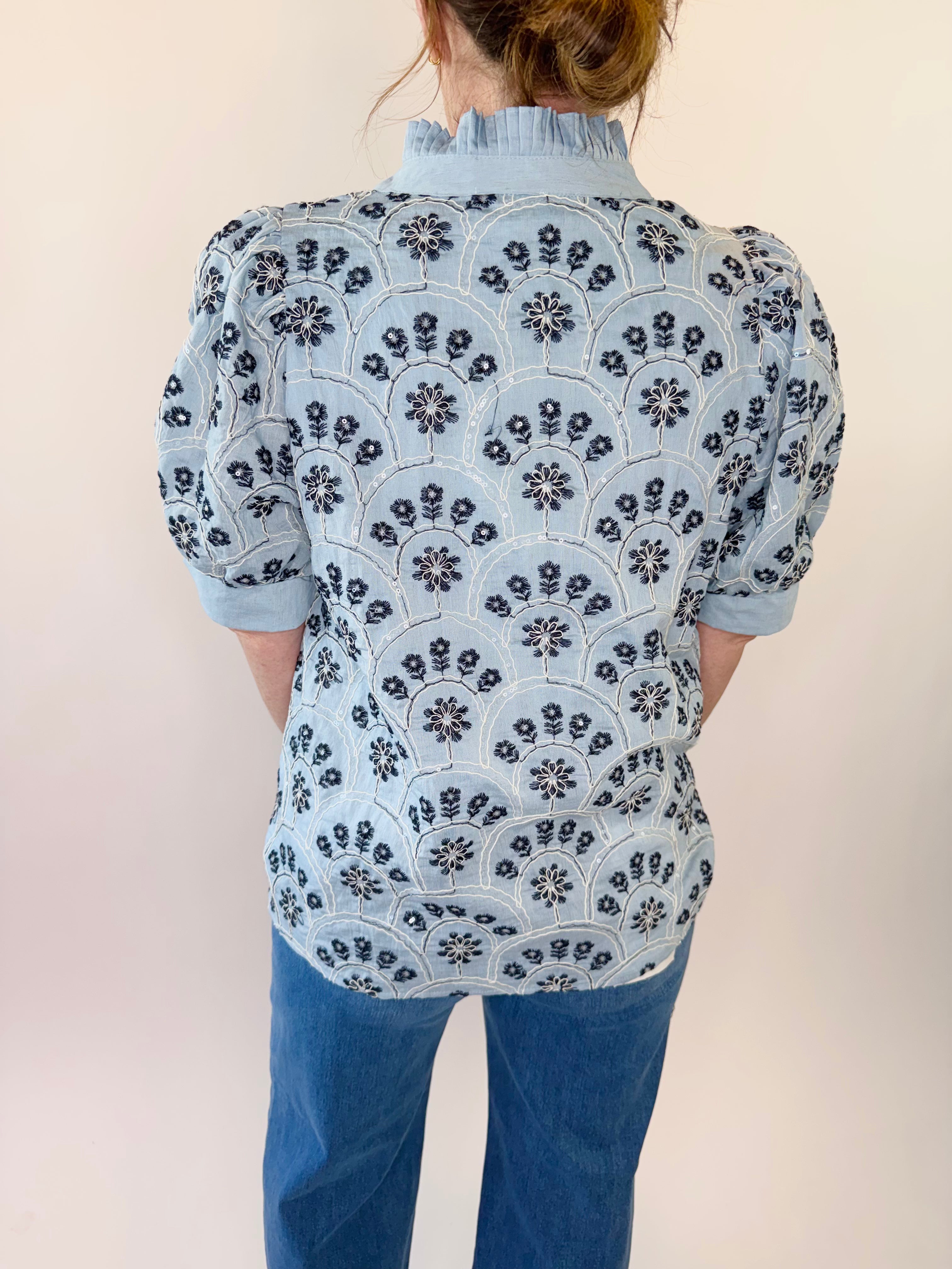 Botanical Sequin Puff Sleeve Top