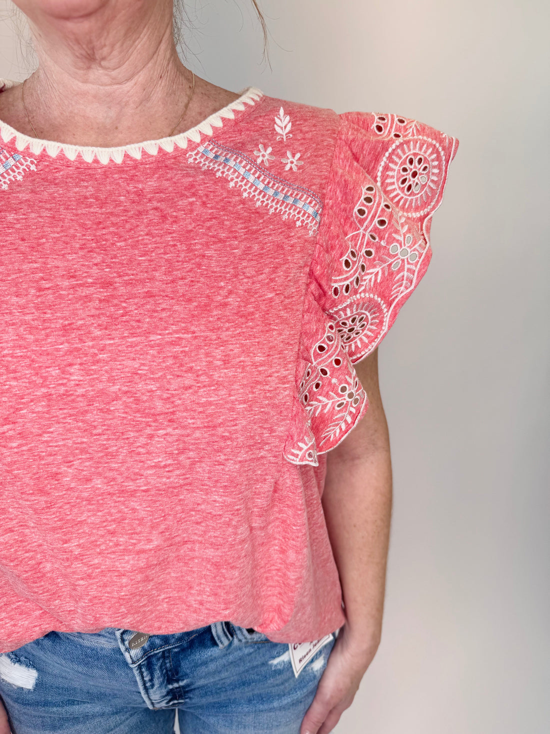 Cap Sleeve Embroidery Detailing Top