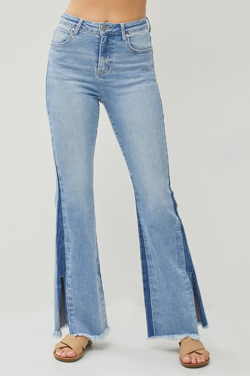 RISEN High Rise Flare Denim + Side Shadow Seam | Medium Wash