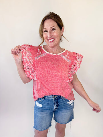 Cap Sleeve Embroidery Detailing Top