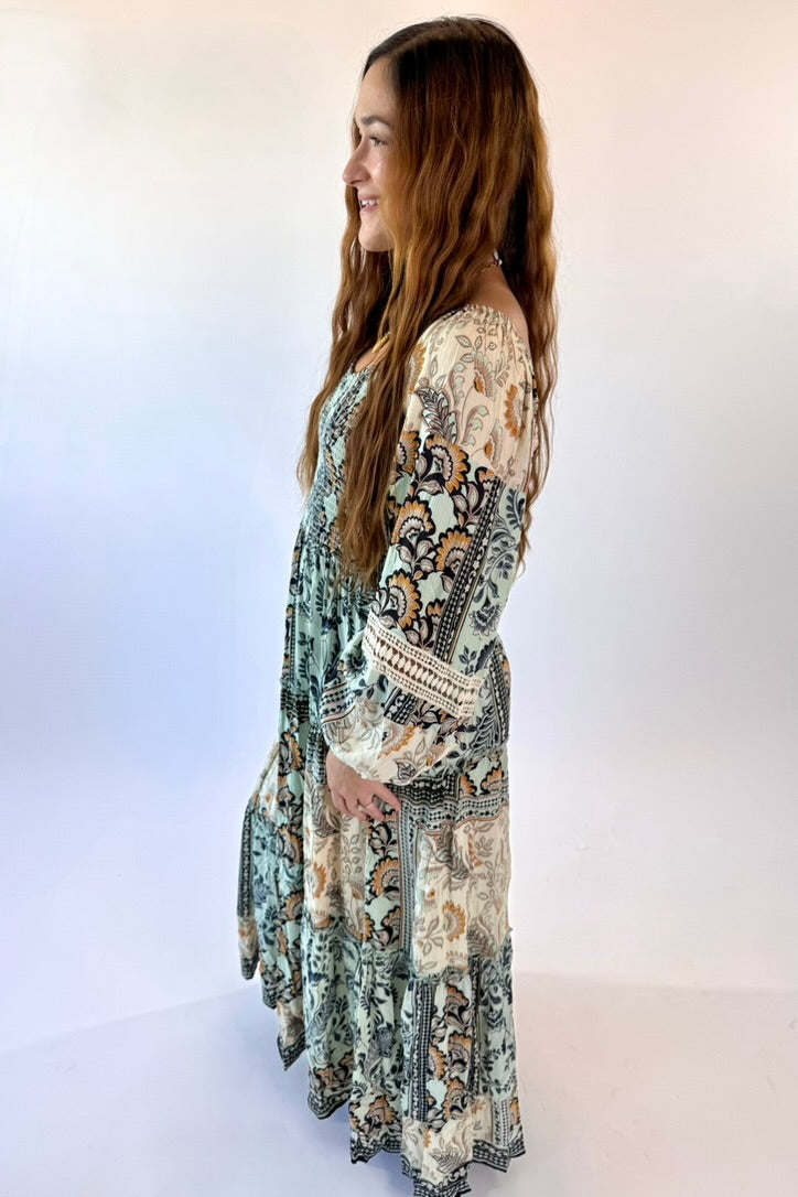 Long Sleeve Floral Motif Maxi Dress