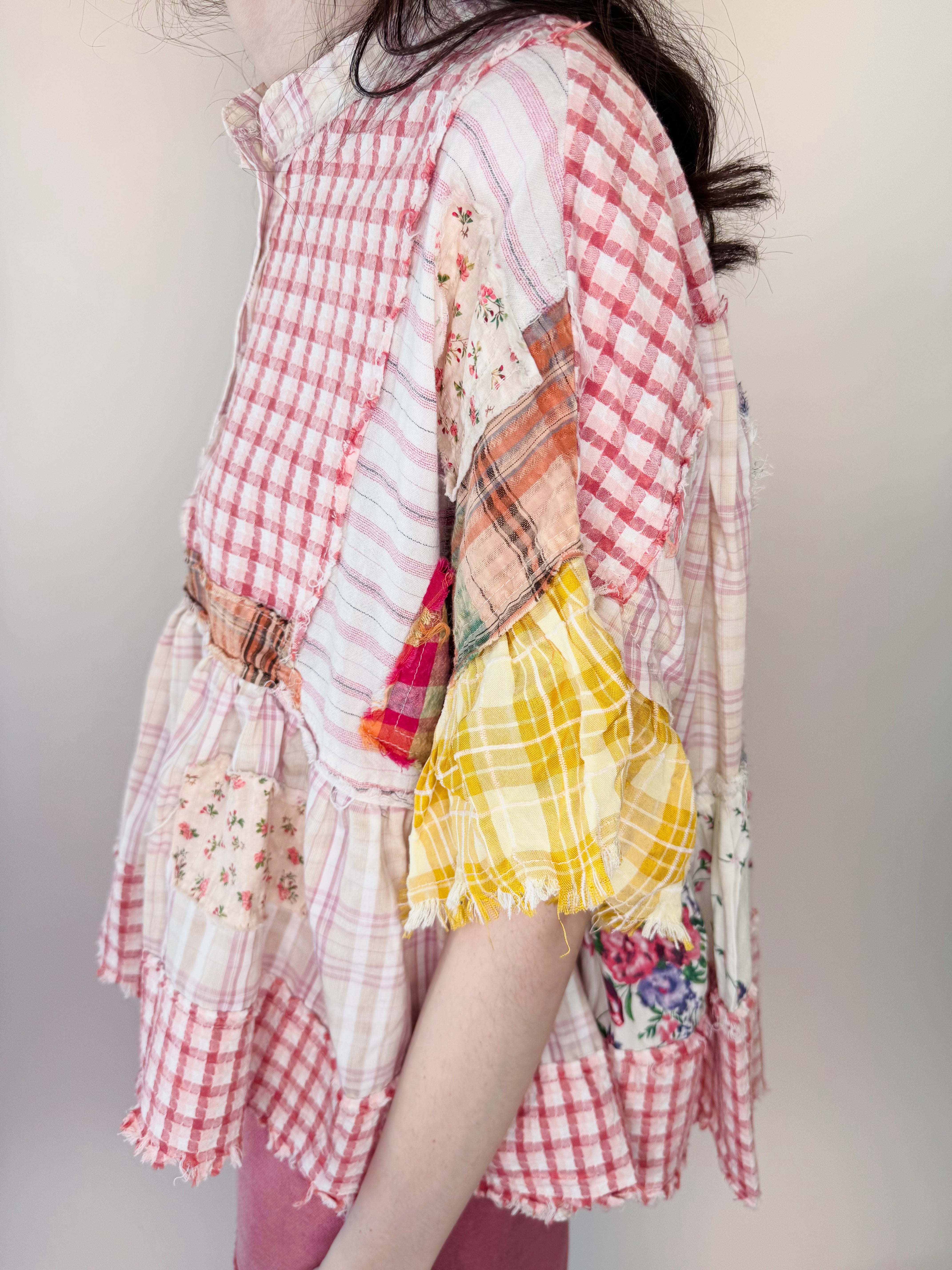 Washed Ruffle Hem Mixed Plaid Top