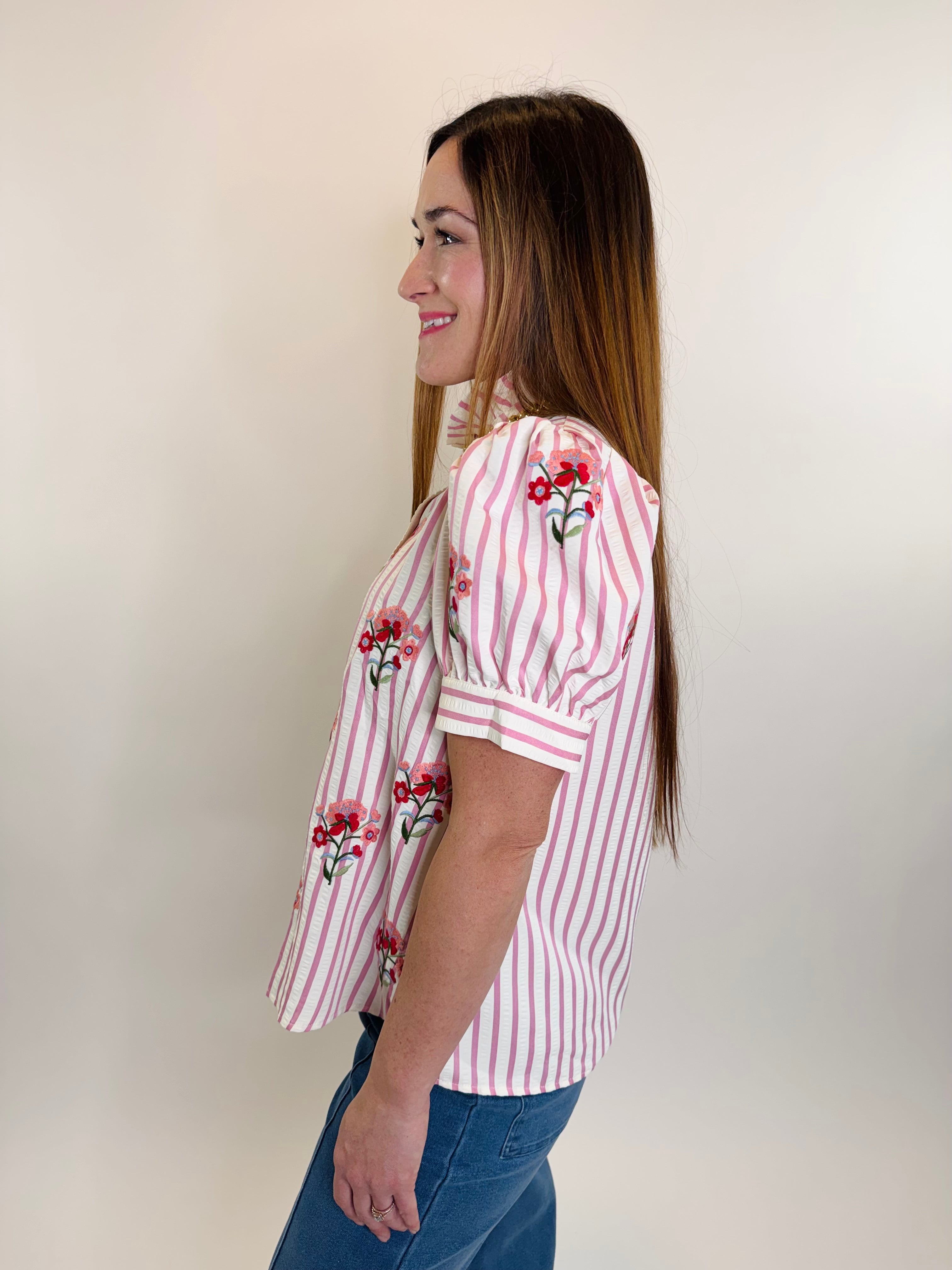 Floral Embroidery Striped Puff Sleeve Top