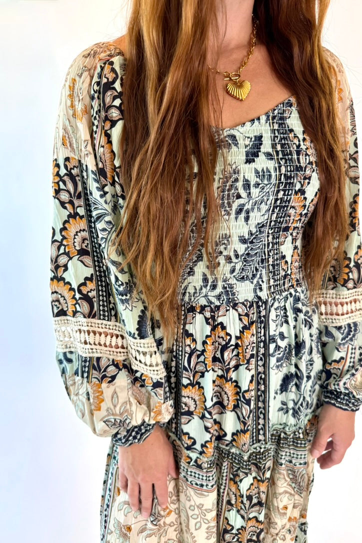 Long Sleeve Floral Motif Maxi Dress