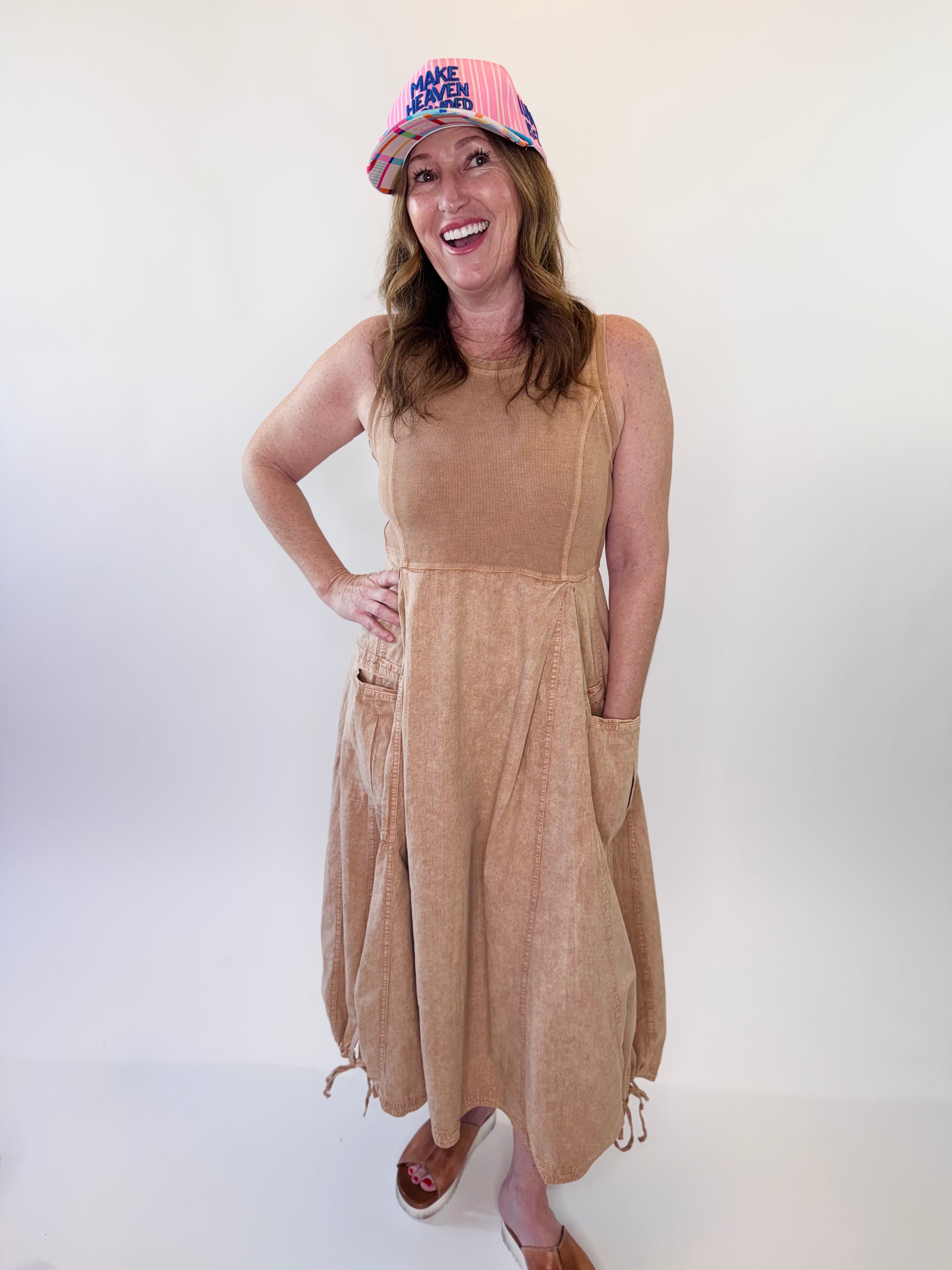 Mineral Washed Rib Knit Cargo Midi Dress
