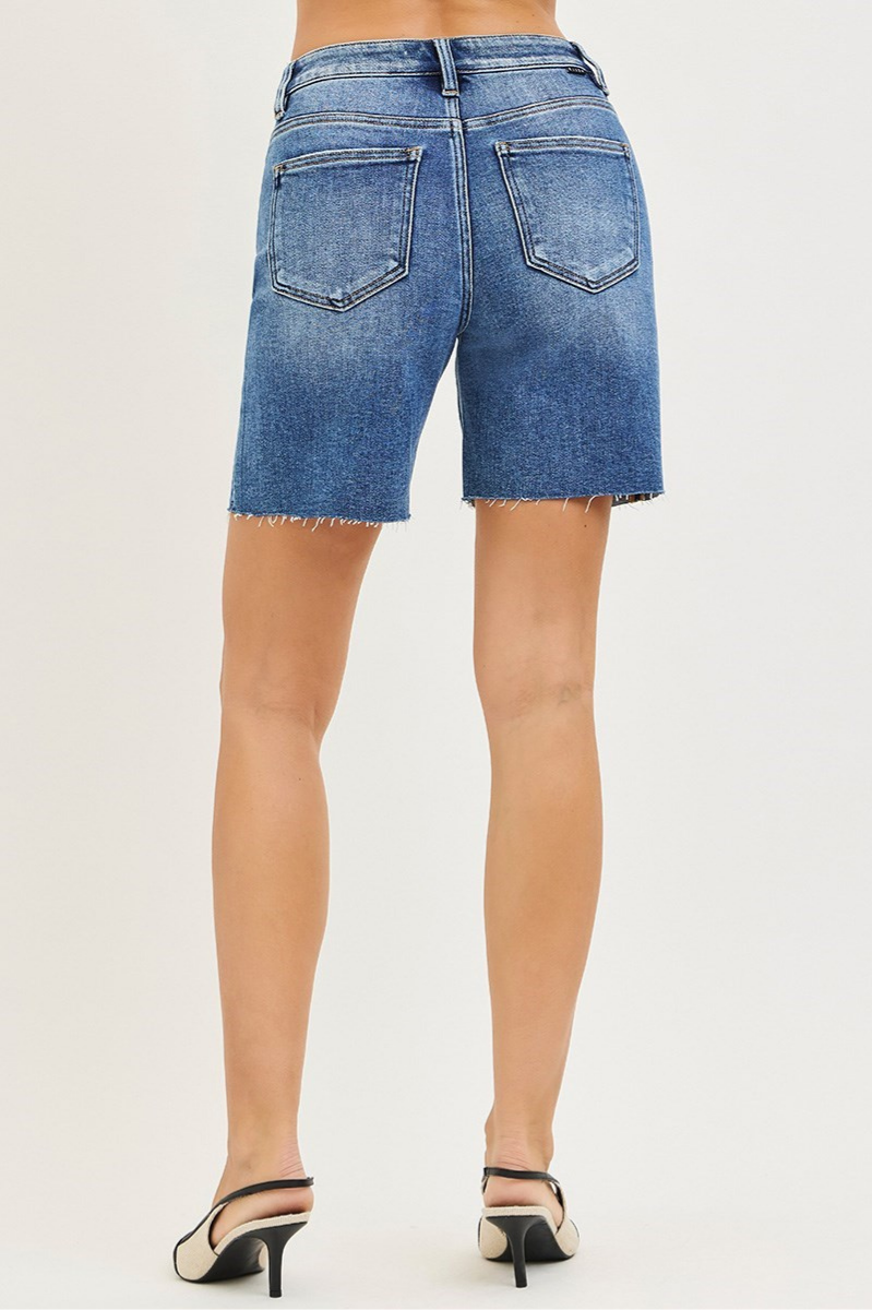 RISEN Tummy Control High Rise Mid Length Raw Cut Hem Shorts