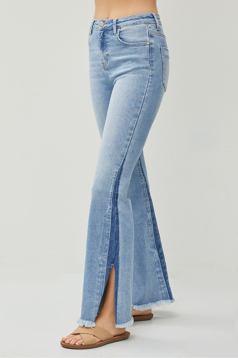RISEN High Rise Flare Denim + Side Shadow Seam | Medium Wash