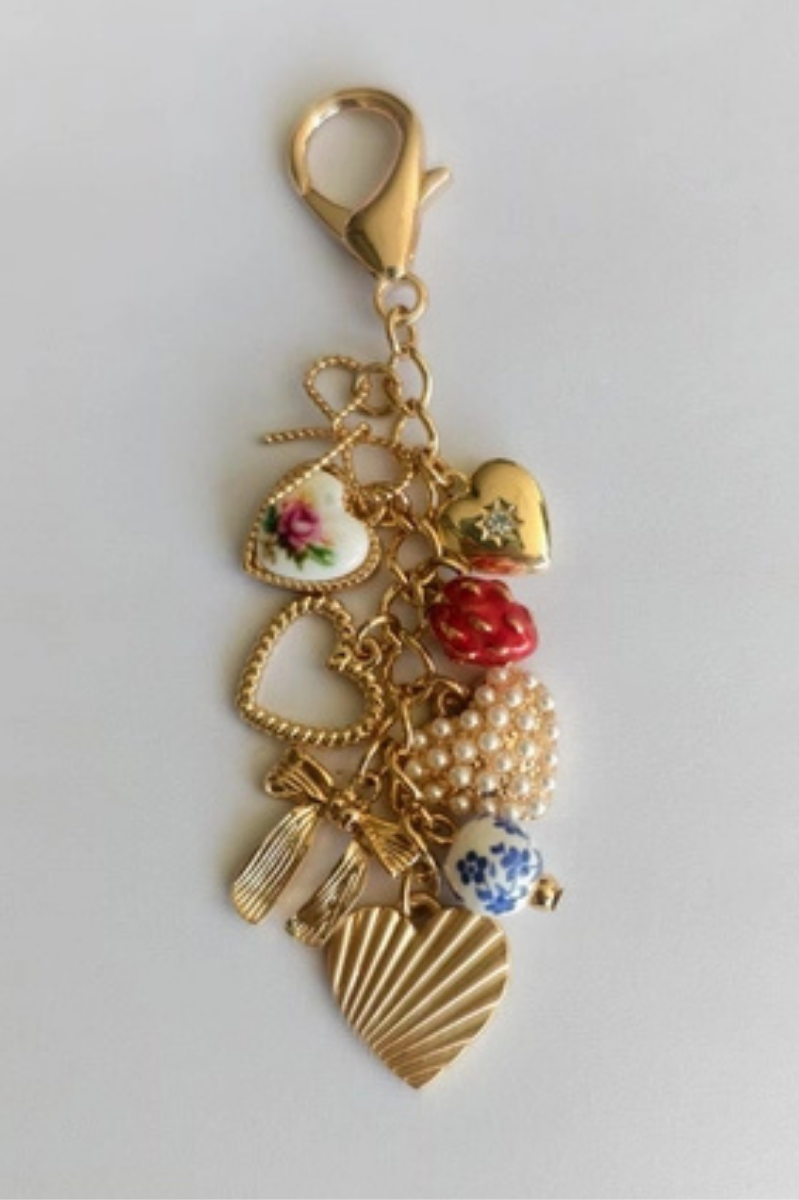 Porcelain Bows Hearts Pearl Strawberry Bag Key Charm