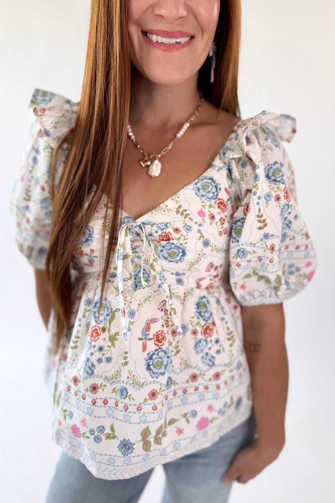 Floral Puff Sleeve Cinched Babydoll Top