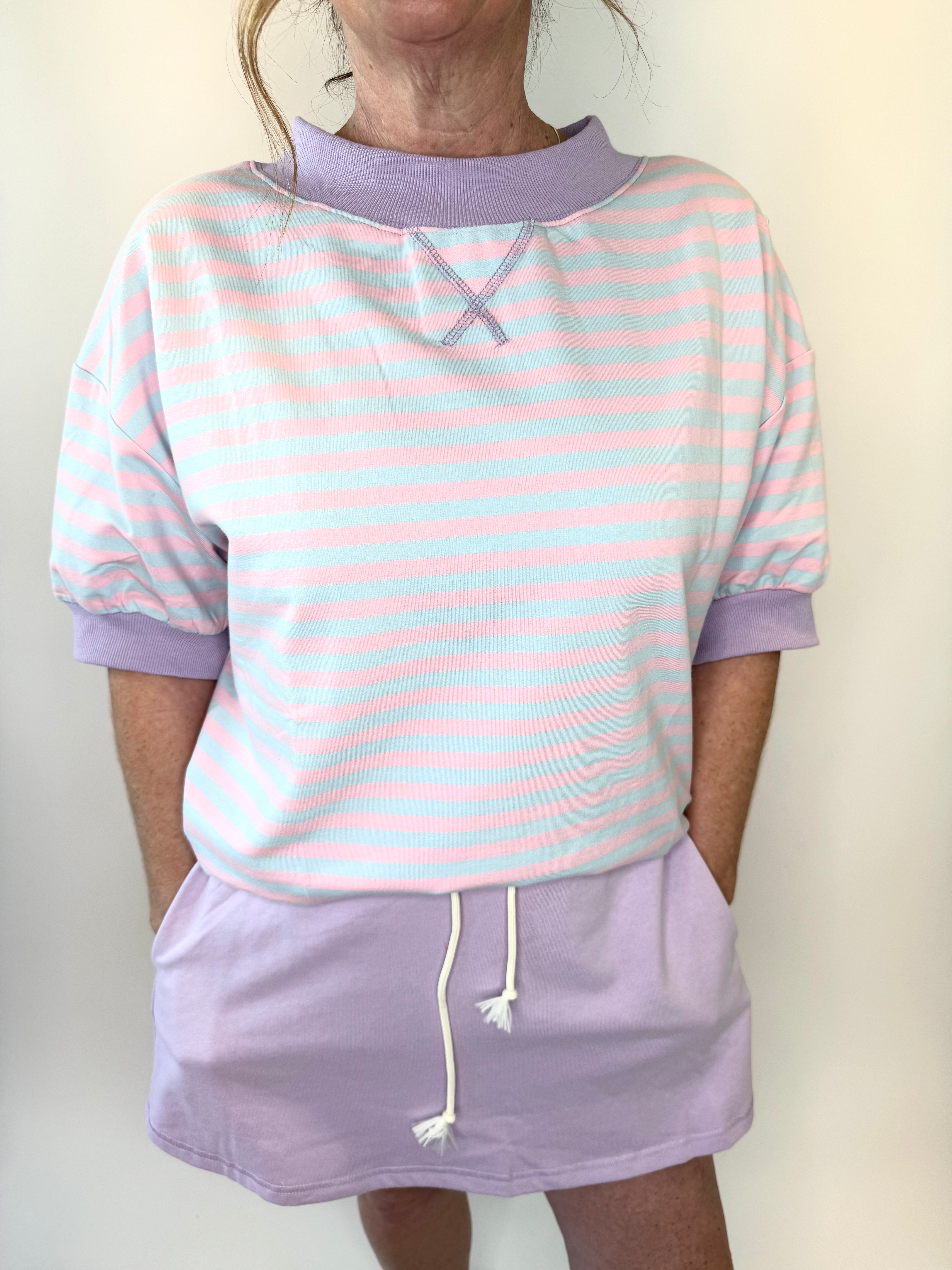 Mock Neck Striped Lounge Sweatshirt w/ 3/4 Sleeves