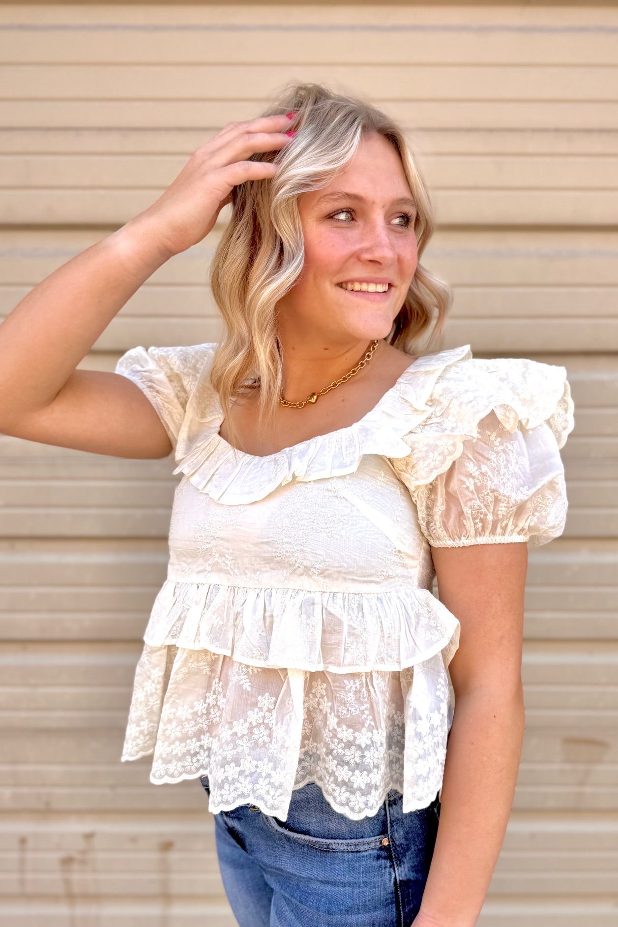 Embroidered Floral Ruffle Babydoll Blouse