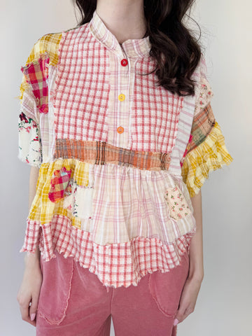 Washed Ruffle Hem Mixed Plaid Top