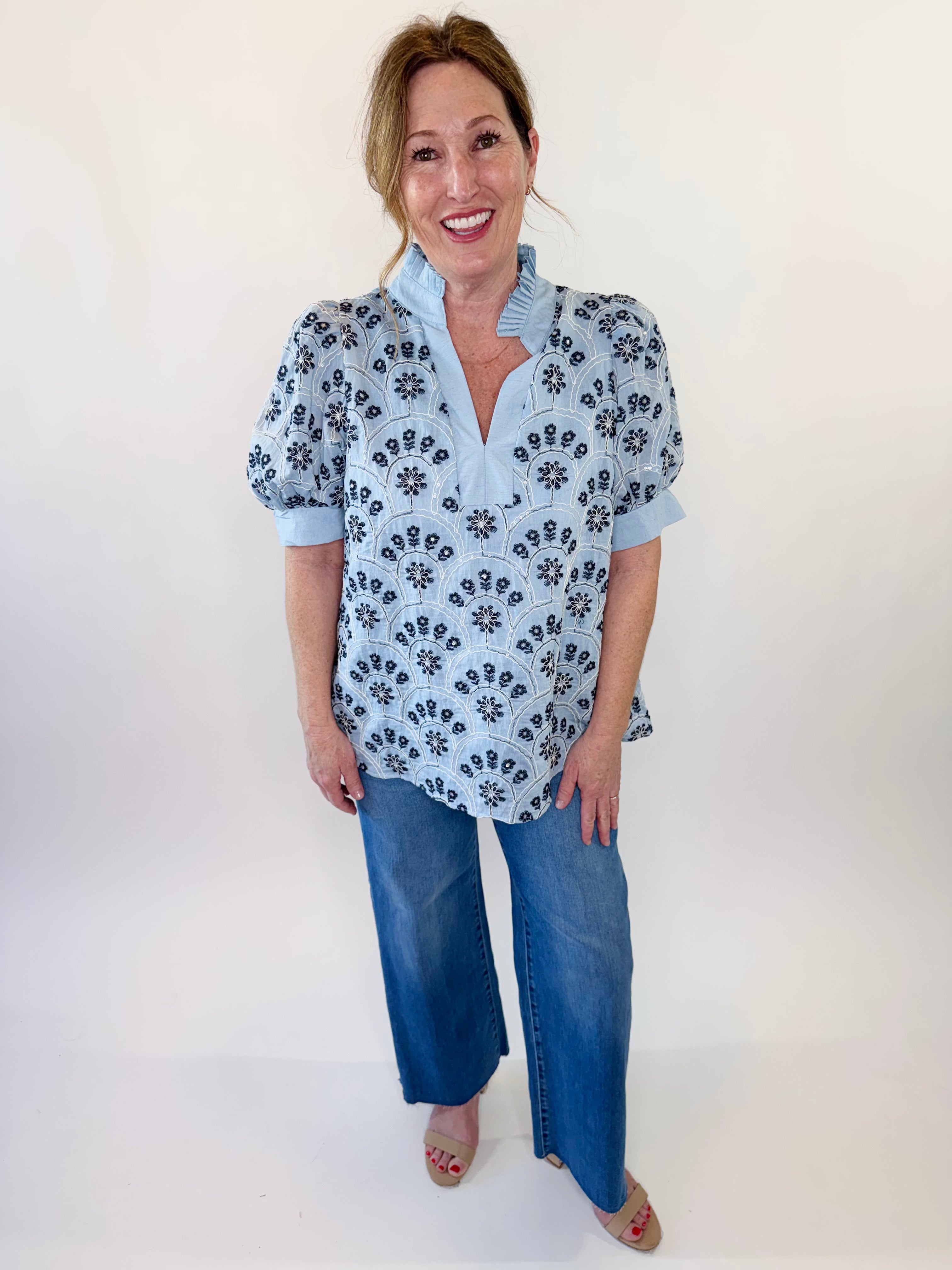 Botanical Sequin Puff Sleeve Top