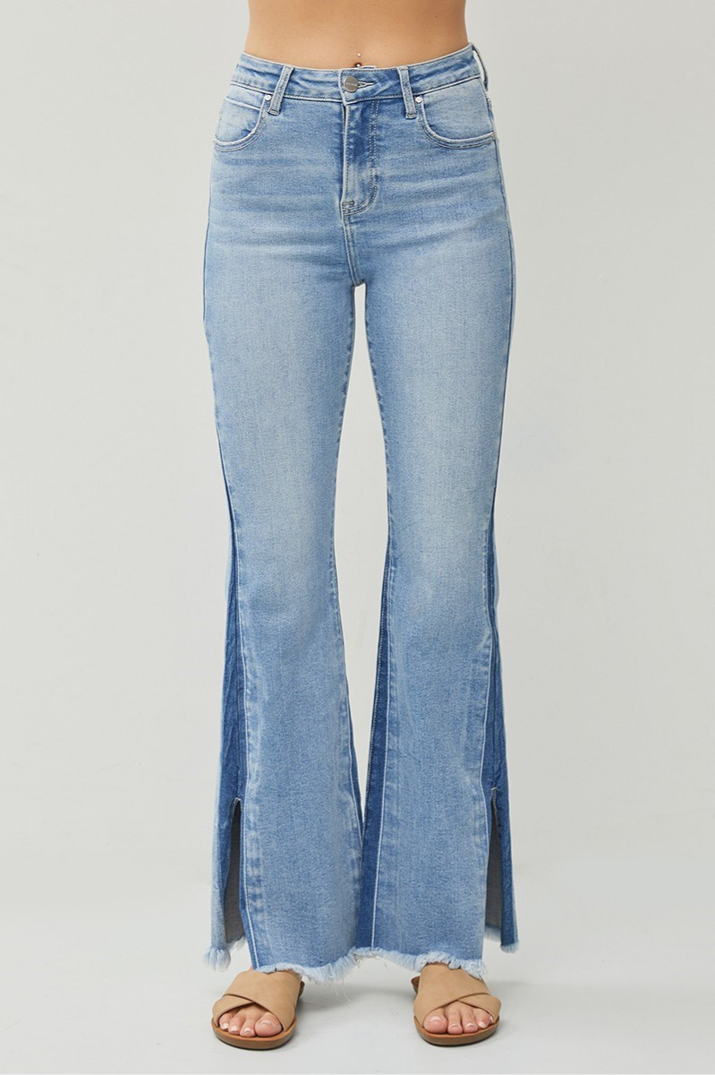 RISEN High Rise Flare Denim + Side Shadow Seam | Medium Wash
