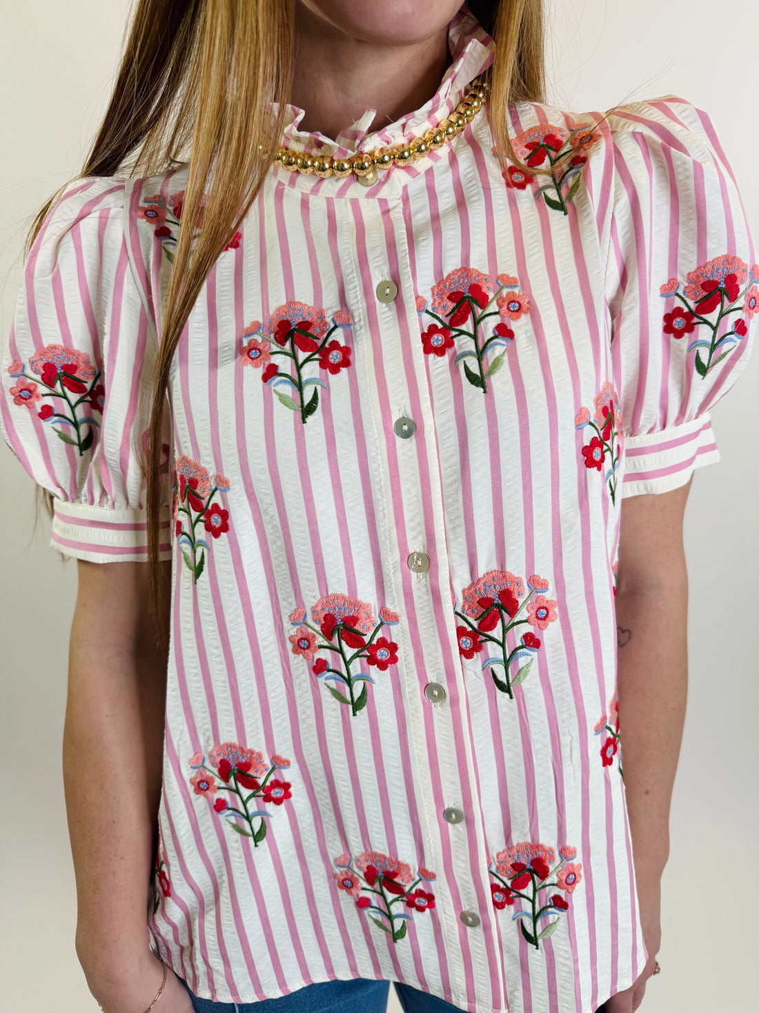 Floral Embroidery Striped Puff Sleeve Top