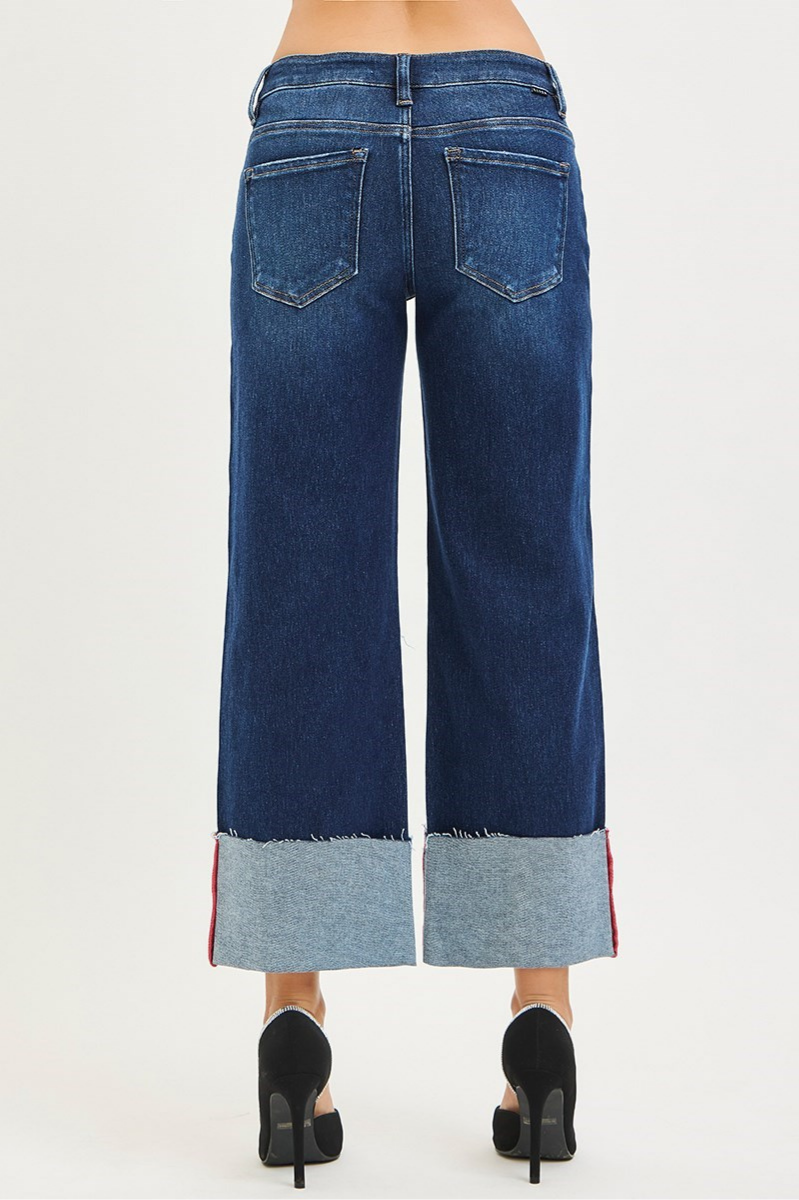 RISEN Tummy Control Mid Rise Crop Wide Cuffed Jeans