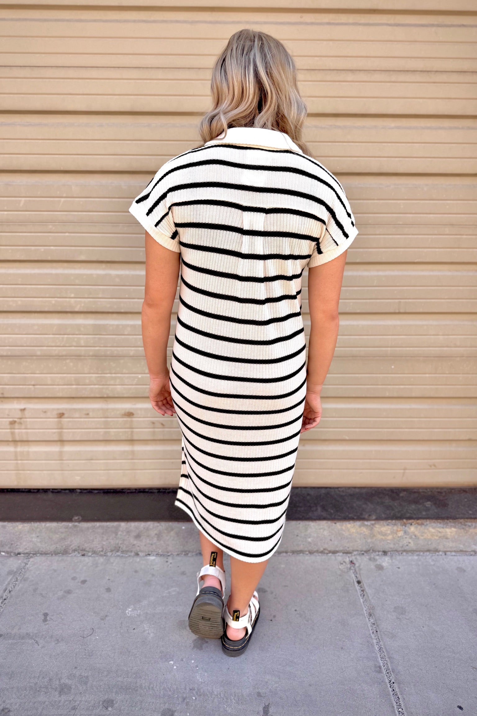 Collared Striped Knit Midi Dress