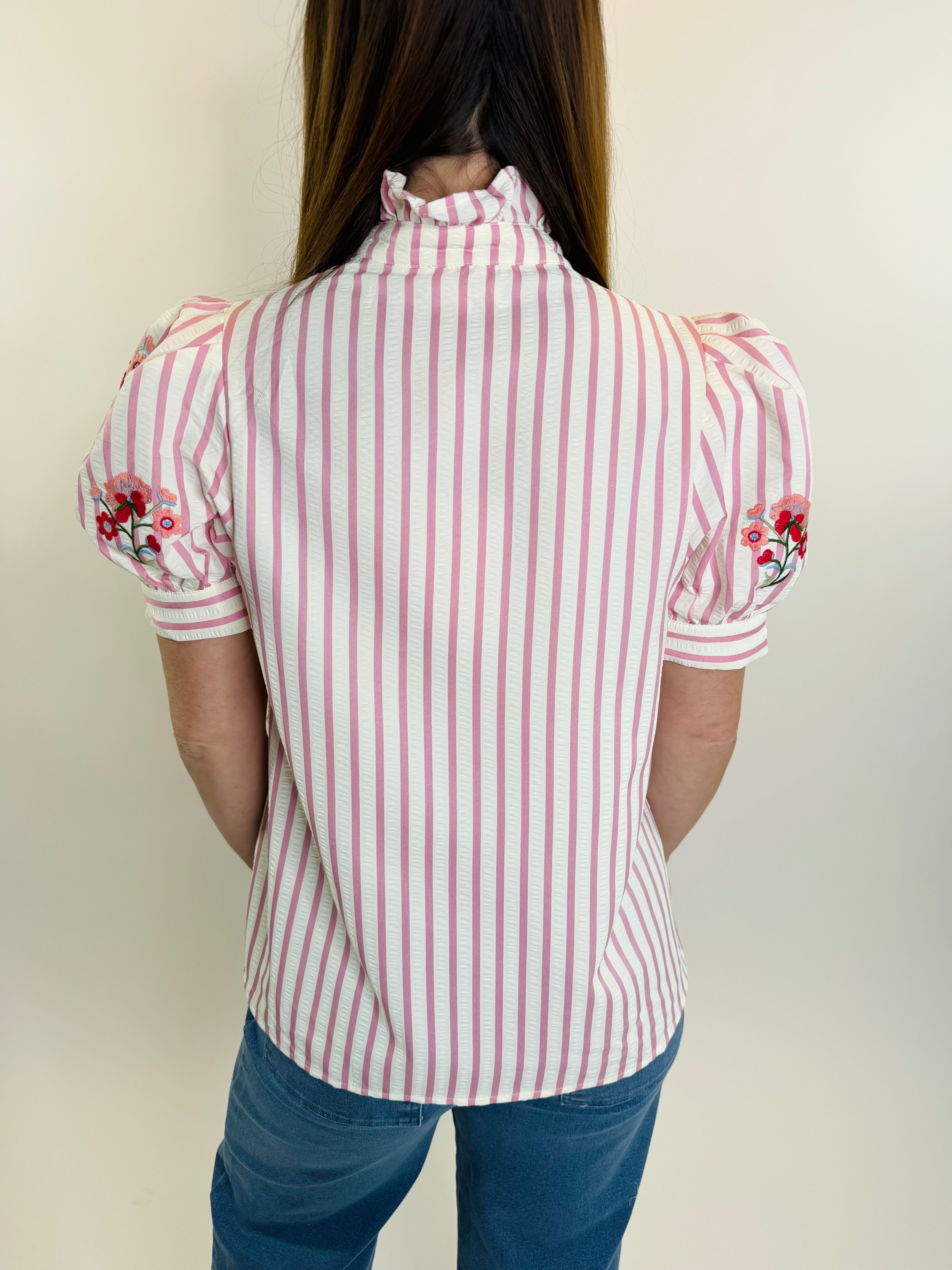 Floral Embroidery Striped Puff Sleeve Top