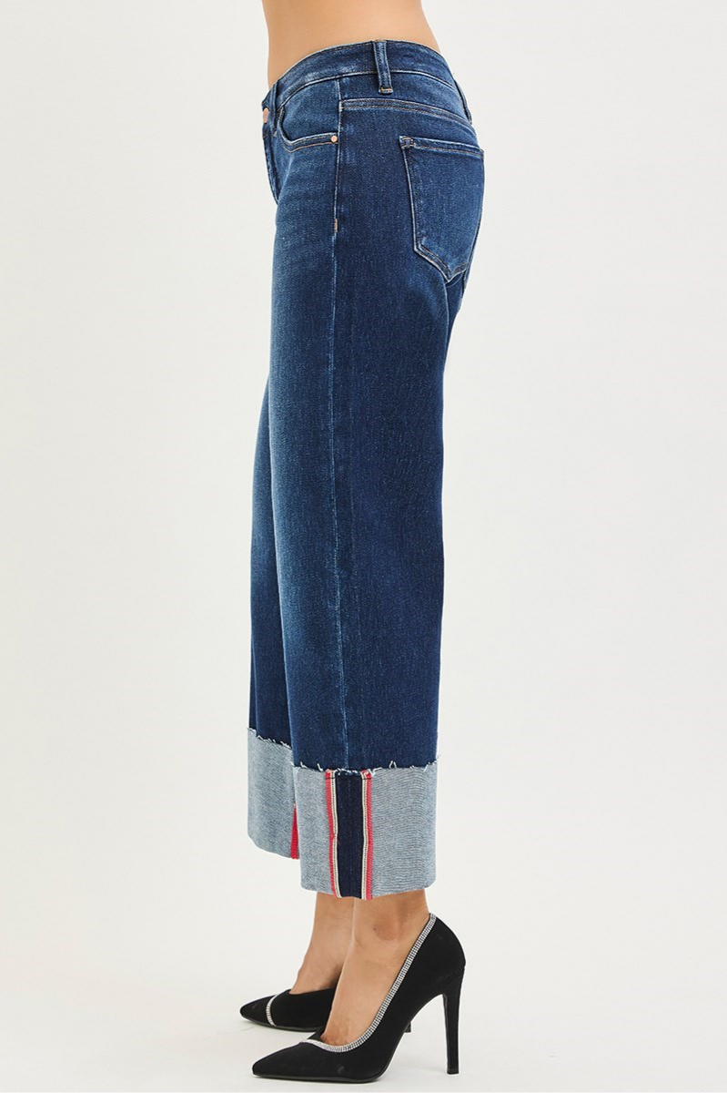 RISEN Tummy Control Mid Rise Crop Wide Cuffed Jeans