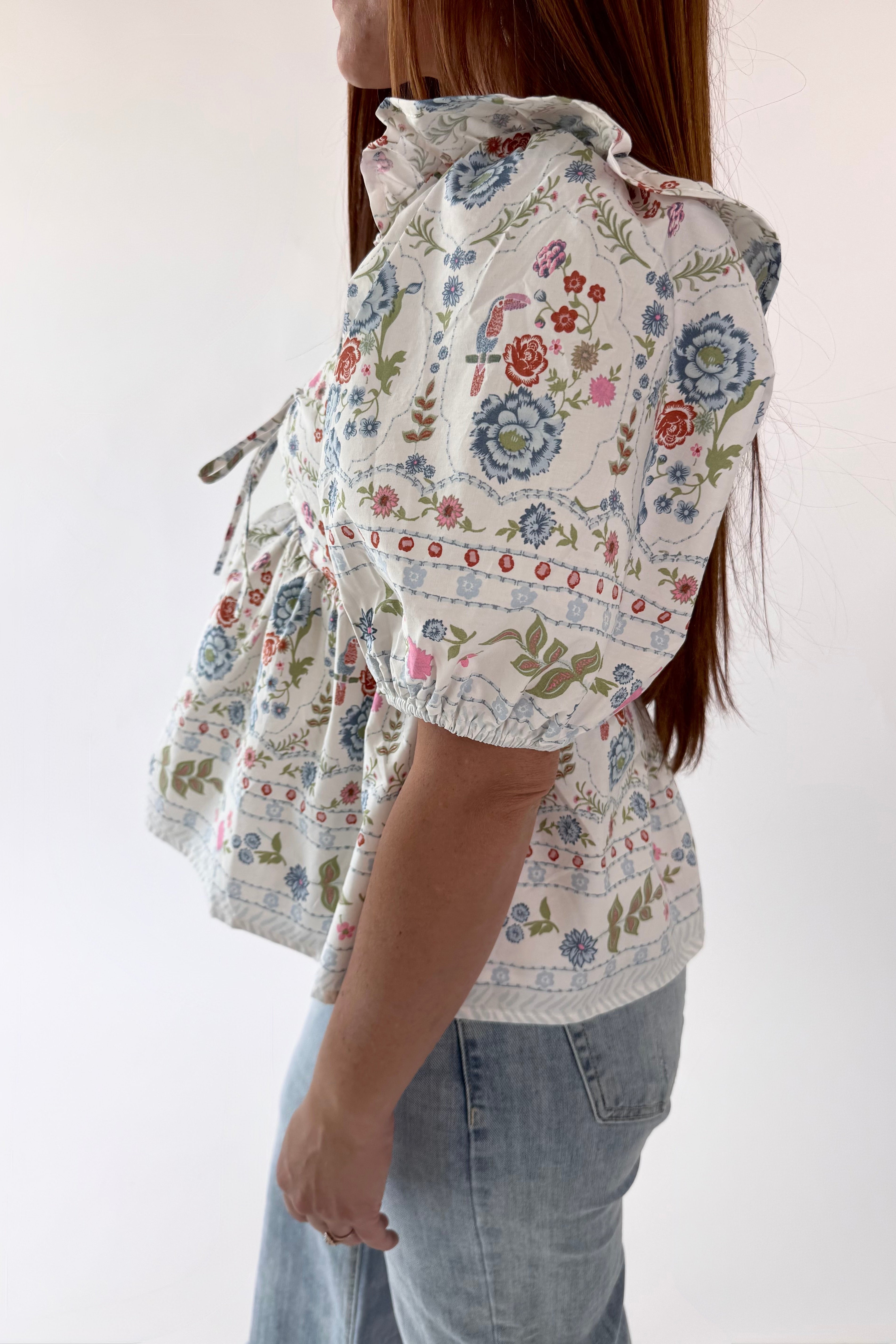 Floral Puff Sleeve Cinched Babydoll Top