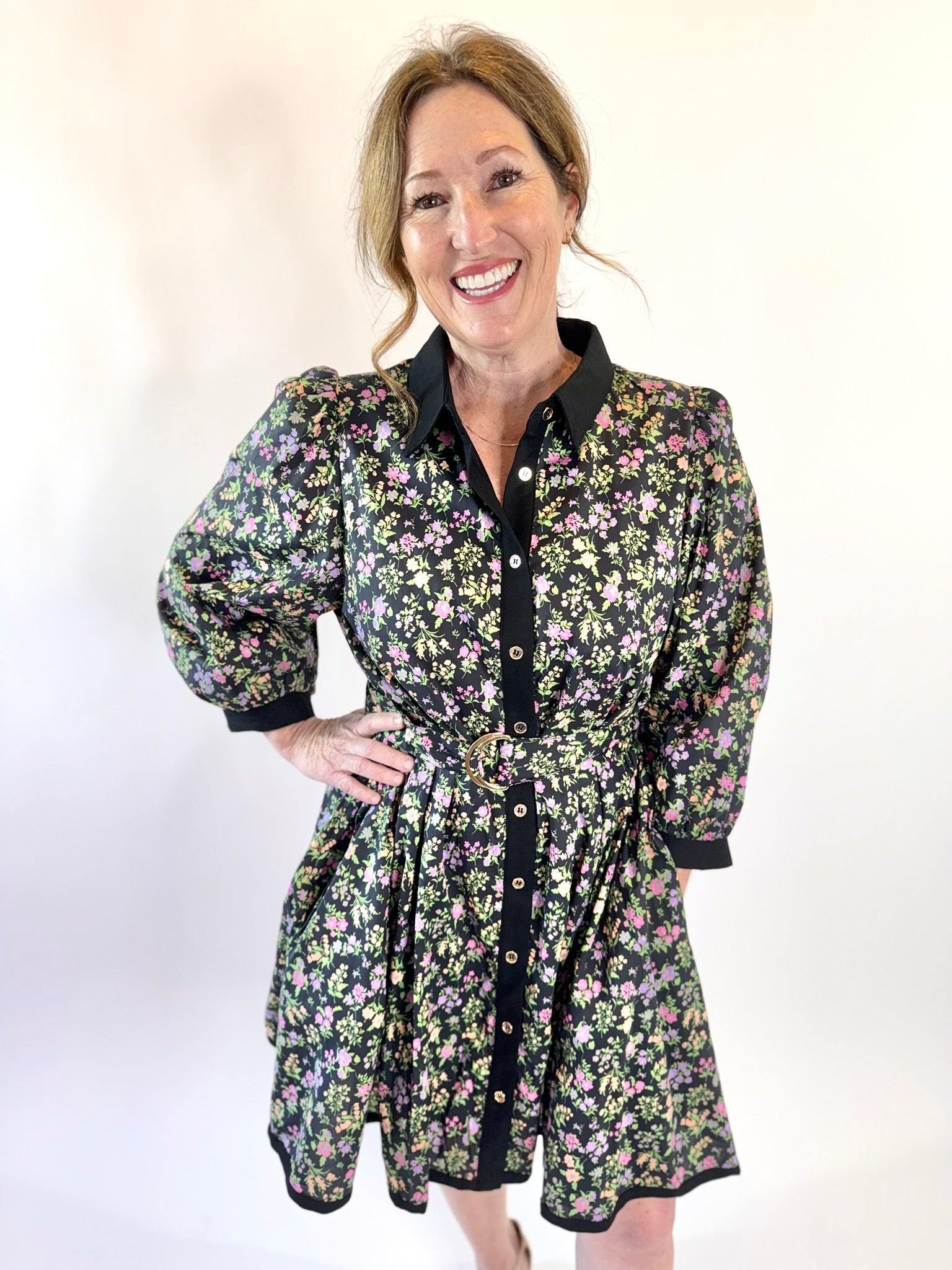 Floral Belted Button Front Mini Dress