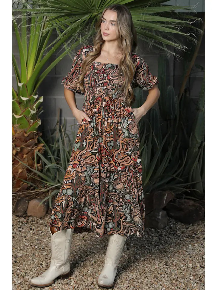 Cactus Candy 1/4 Sleeve Midi Dress