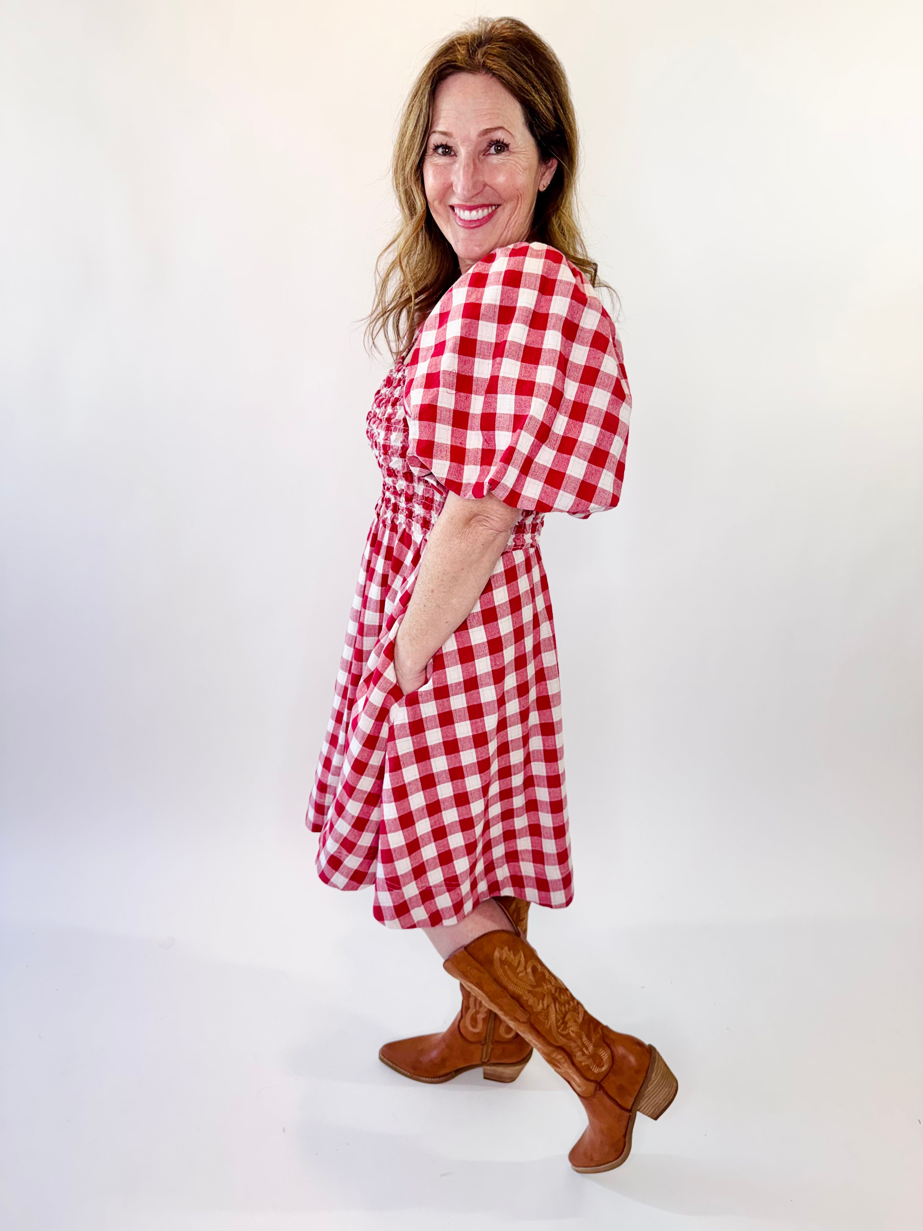 Bubble Sleeve Gingham Pattern Mini Dress