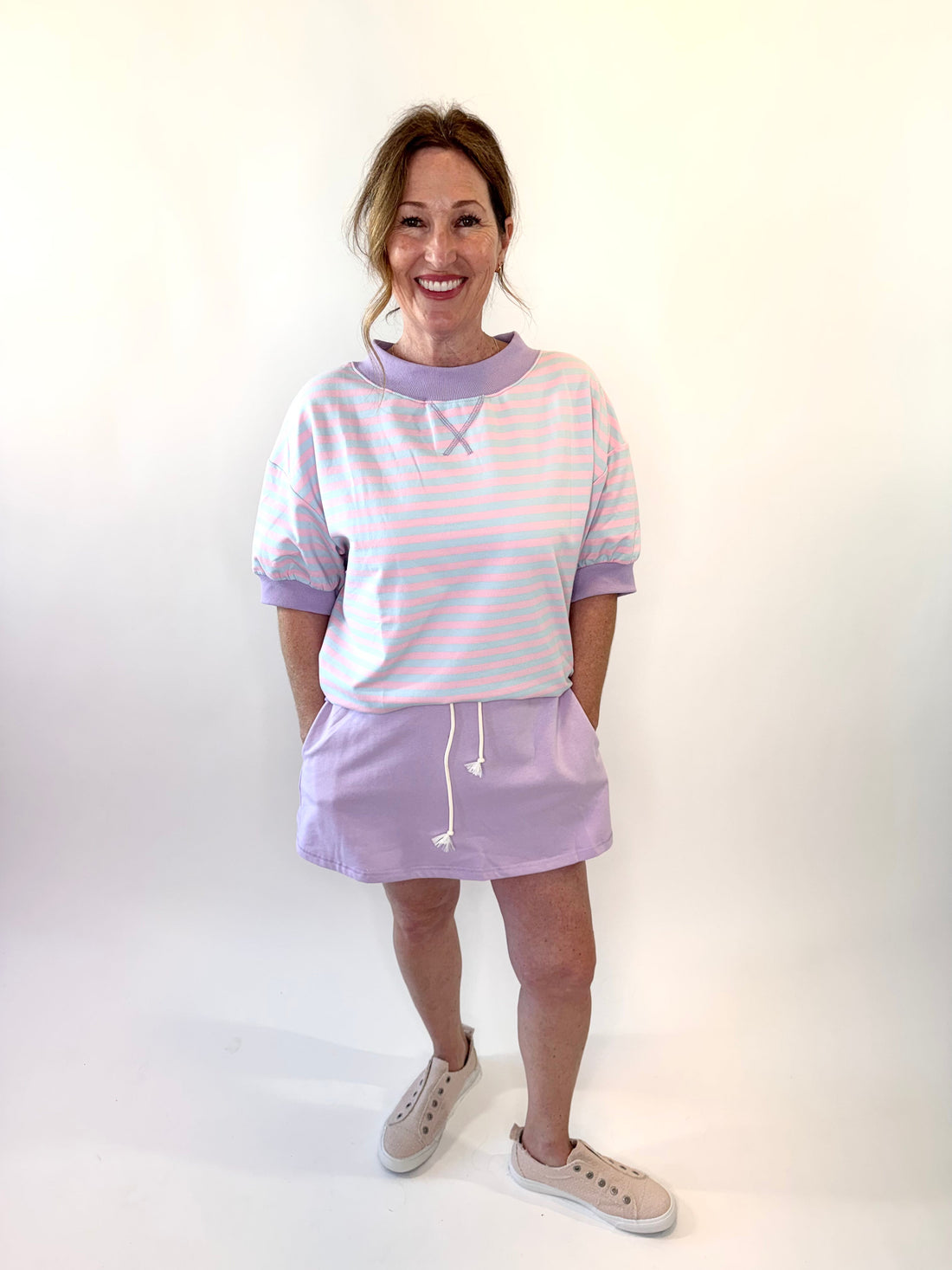 Mock Neck Striped Lounge Sweatshirt w/ 3/4 Sleeves