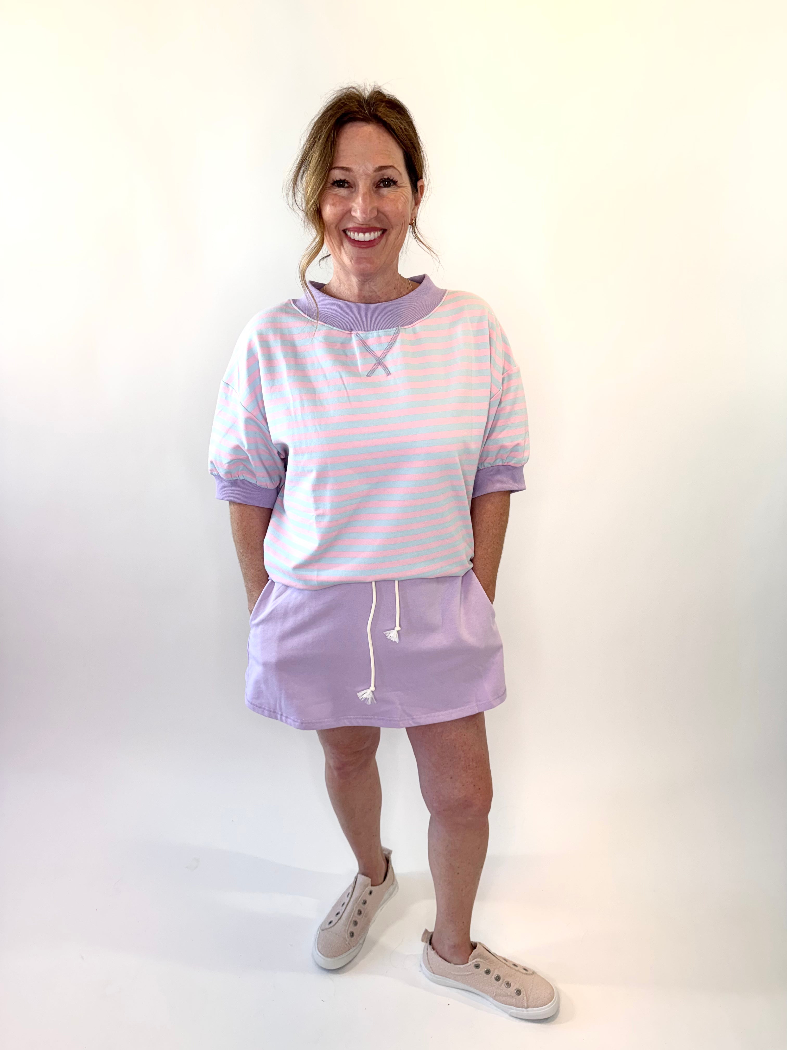 Mock Neck Striped Lounge Sweatshirt w/ 3/4 Sleeves