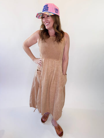 Mineral Washed Rib Knit Cargo Midi Dress