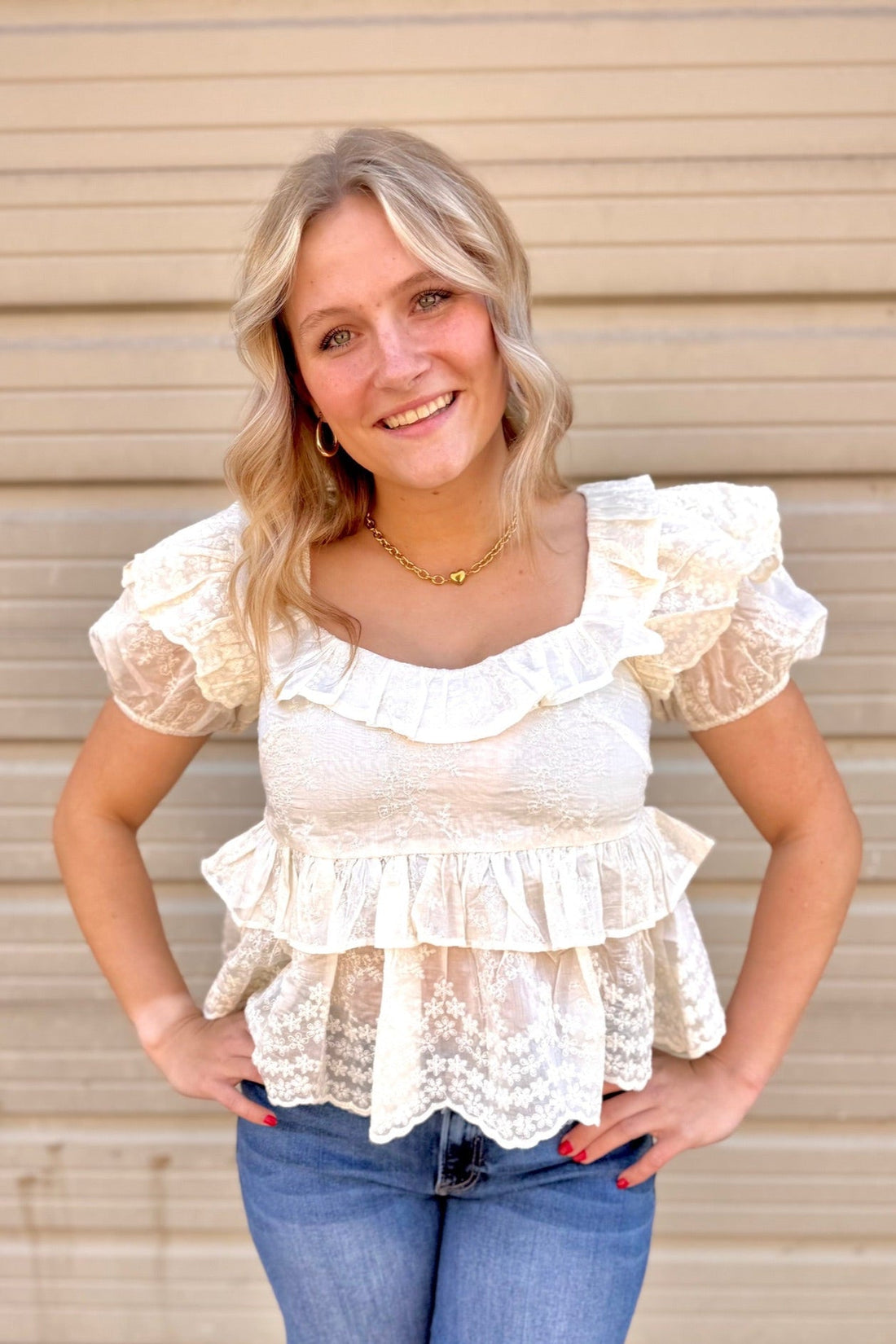 Embroidered Floral Ruffle Babydoll Blouse