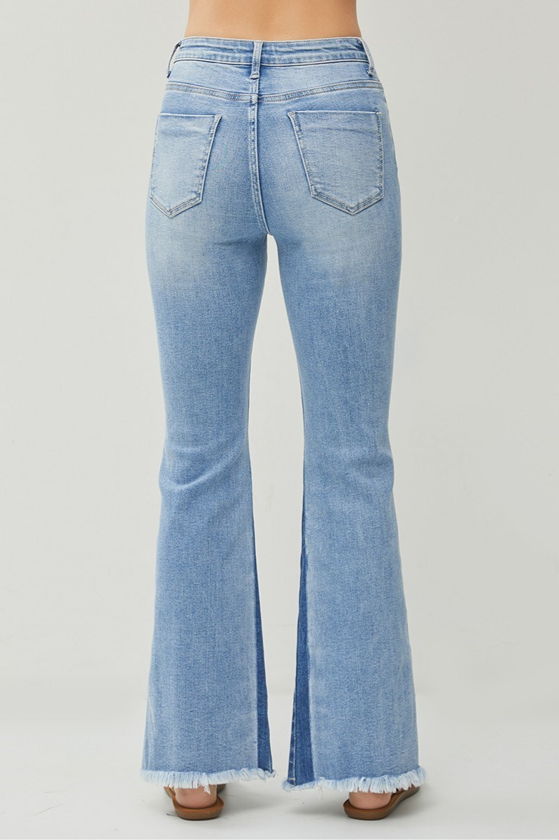 RISEN High Rise Flare Denim + Side Shadow Seam | Medium Wash