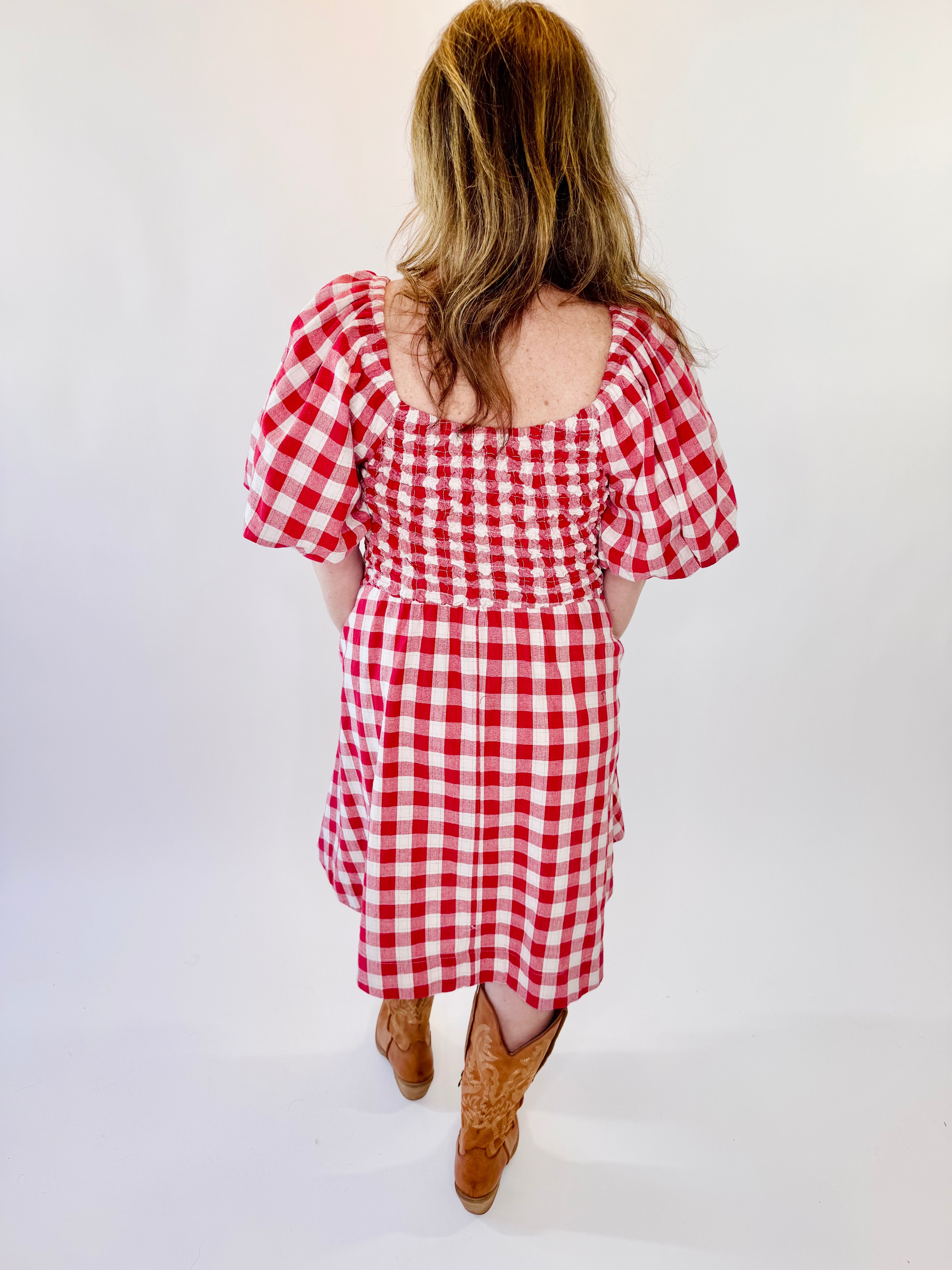 Bubble Sleeve Gingham Pattern Mini Dress