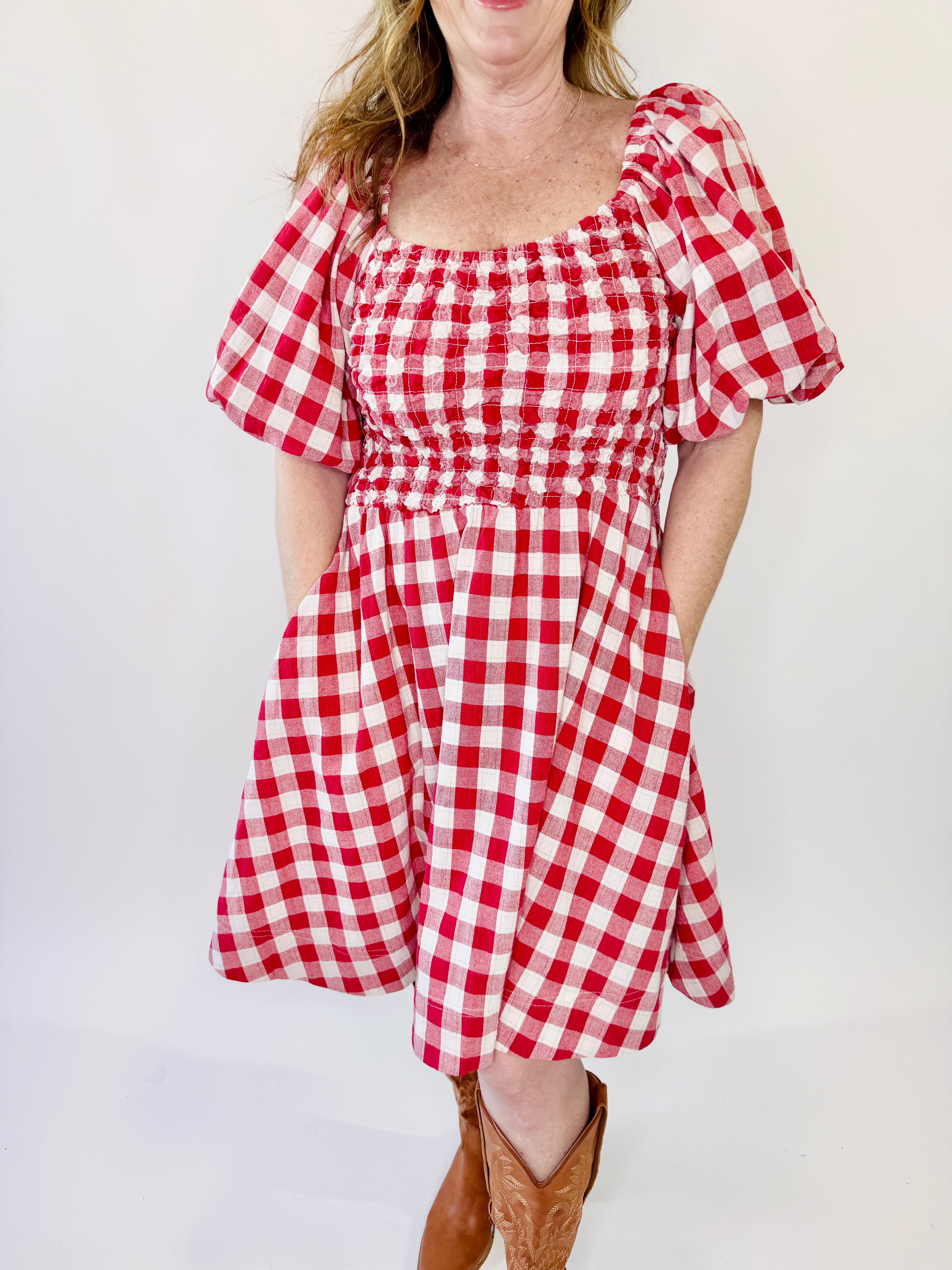 Bubble Sleeve Gingham Pattern Mini Dress