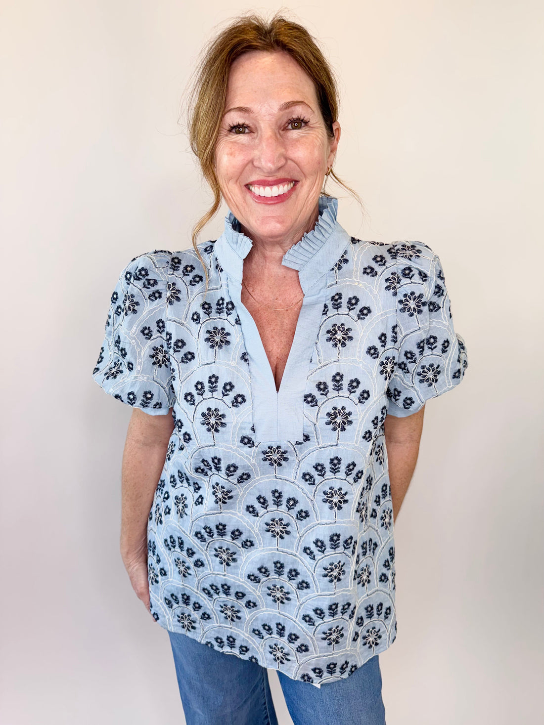 Botanical Sequin Puff Sleeve Top
