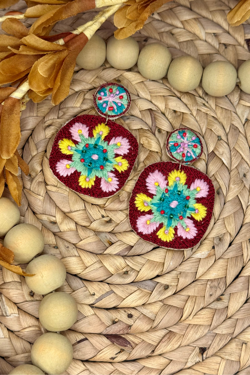 Boho Embroidered Flowering Cactus Earrings