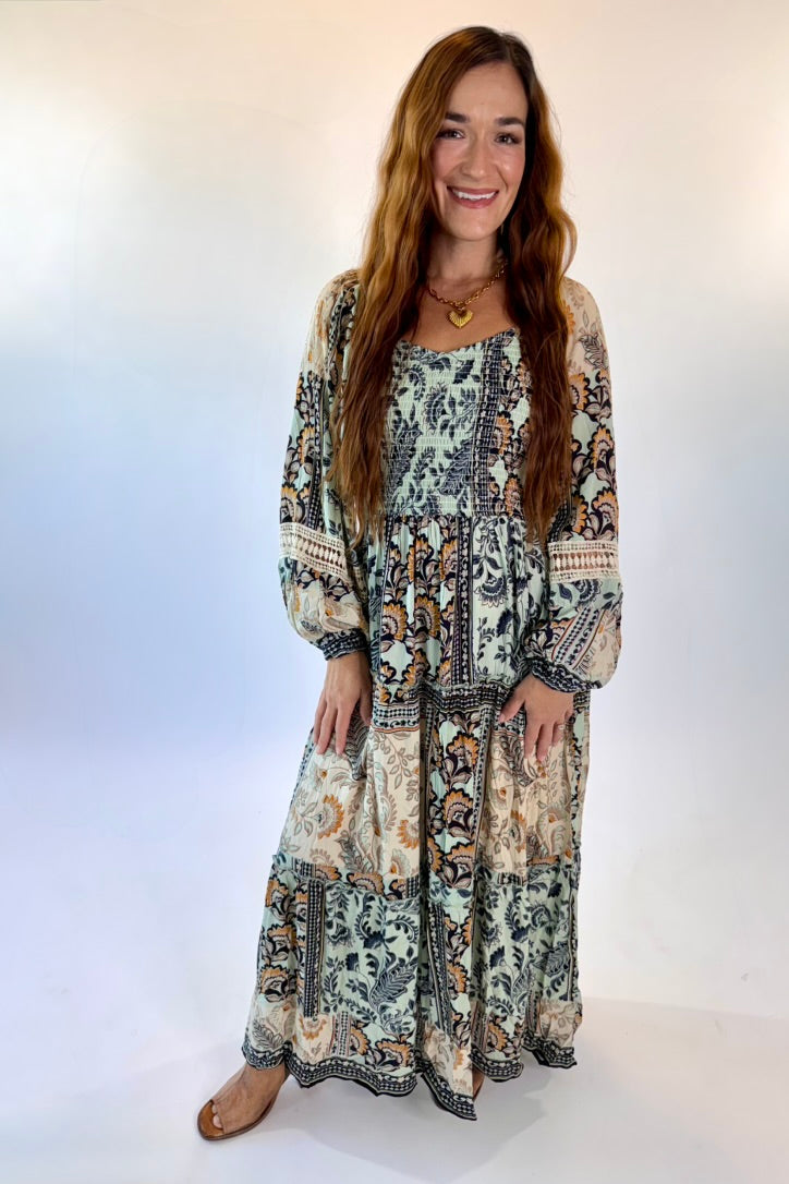 Long Sleeve Floral Motif Maxi Dress