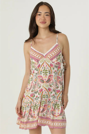 Boho Lace Trim + Side Ties Printed Sundress