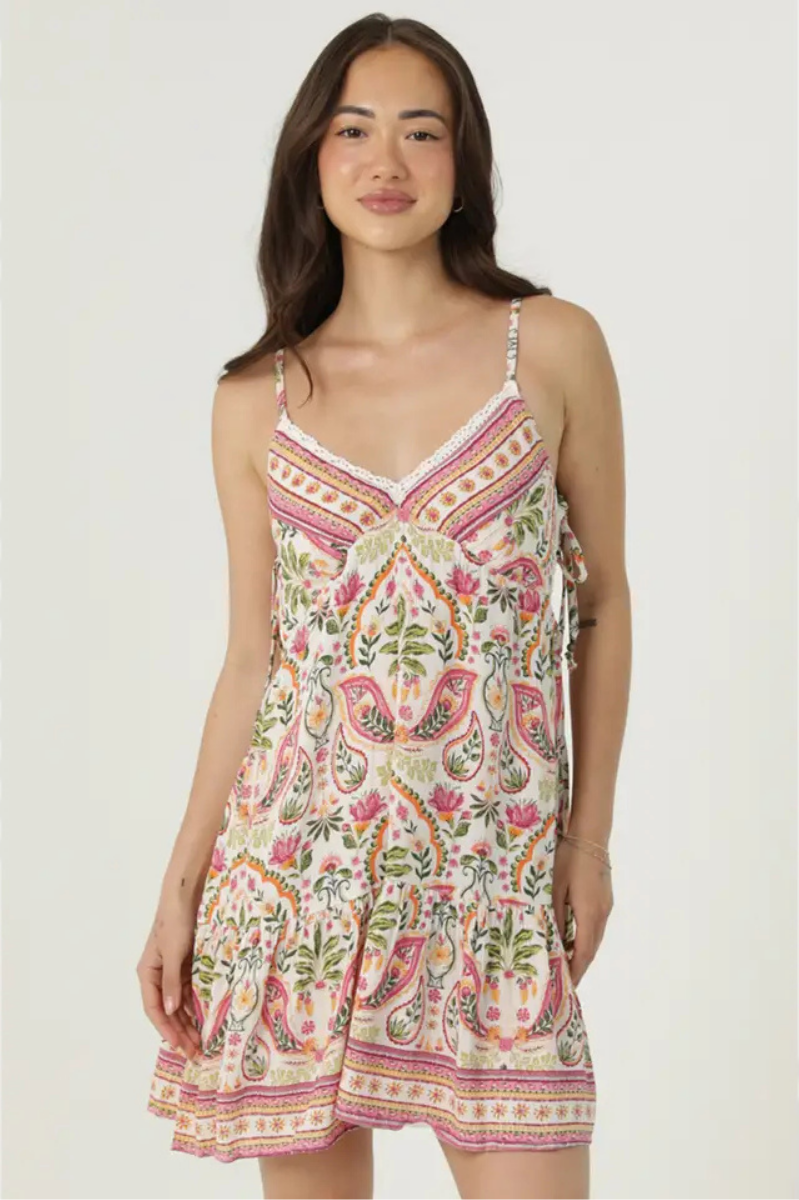 Boho Lace Trim + Side Ties Printed Sundress