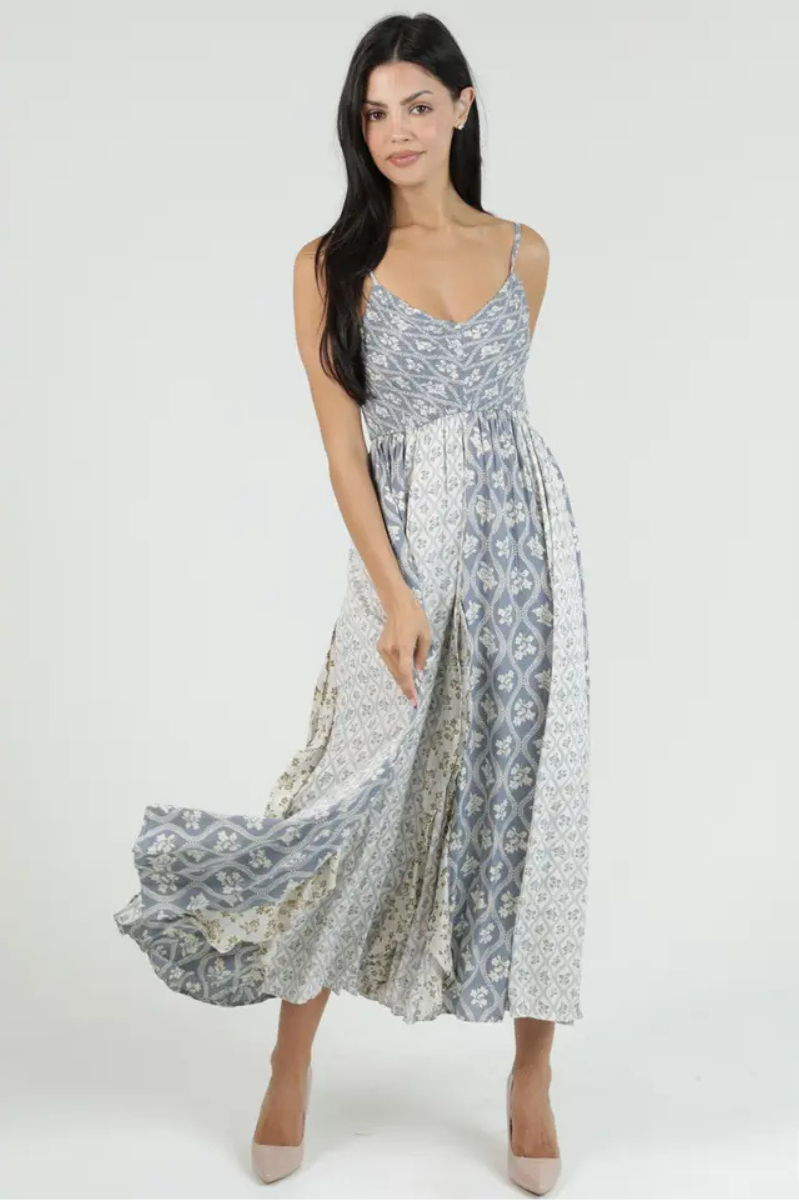 Mixed Print Godet Ruffle Maxi Dress