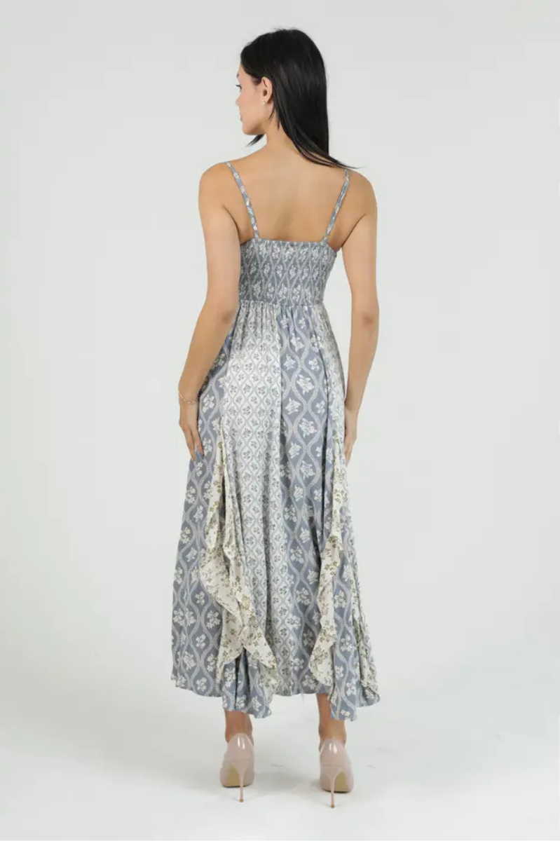 Mixed Print Godet Ruffle Maxi Dress