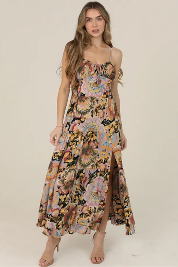 Floral Tie Bust Maxi Dress with Side Slit