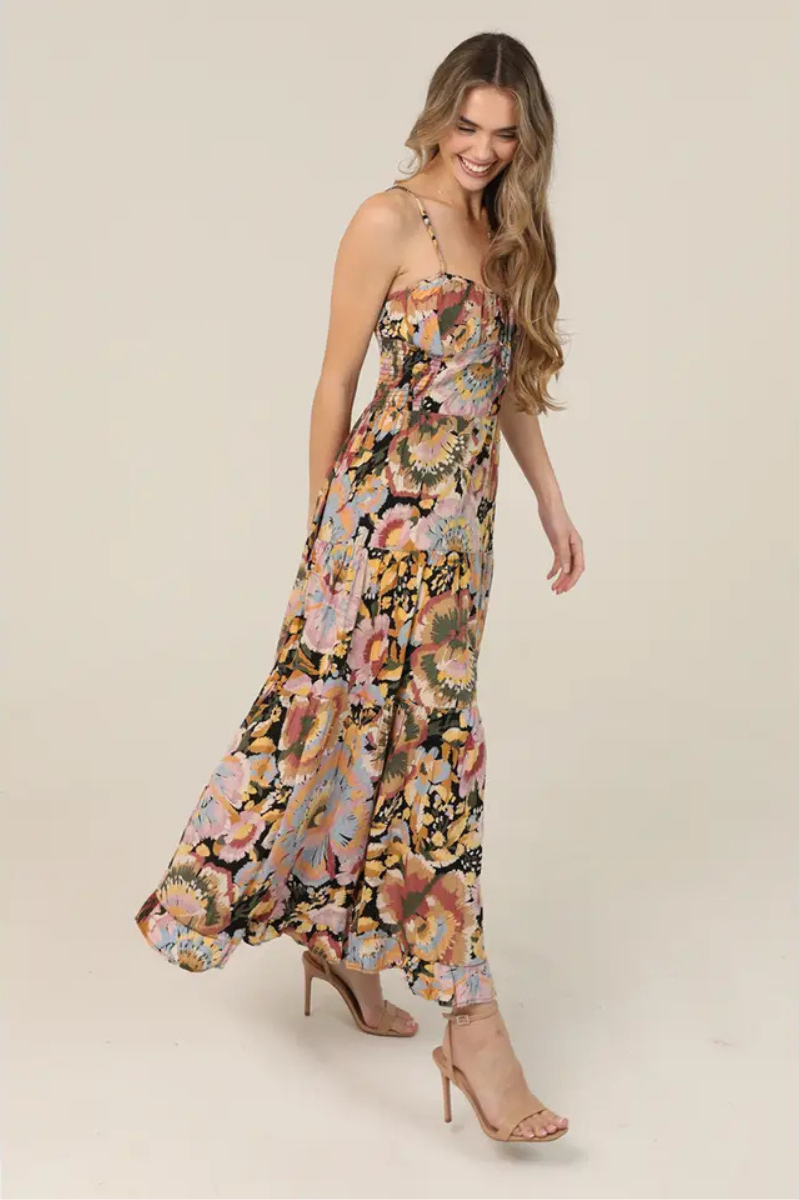 Floral Tie Bust Maxi Dress with Side Slit